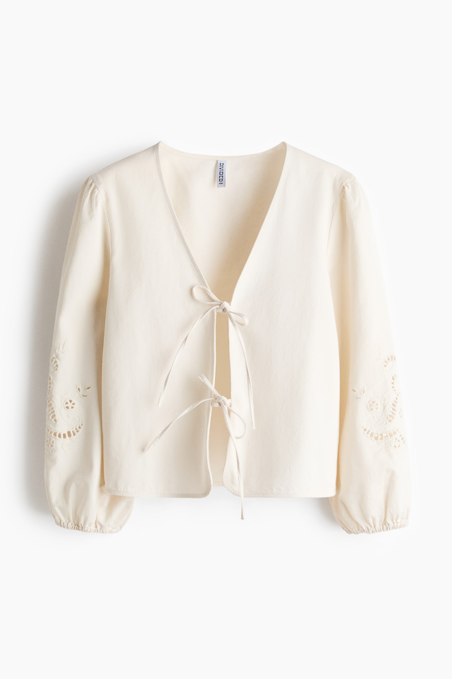 Jakke med bindedetalje og broderie anglaise - Creme - 1