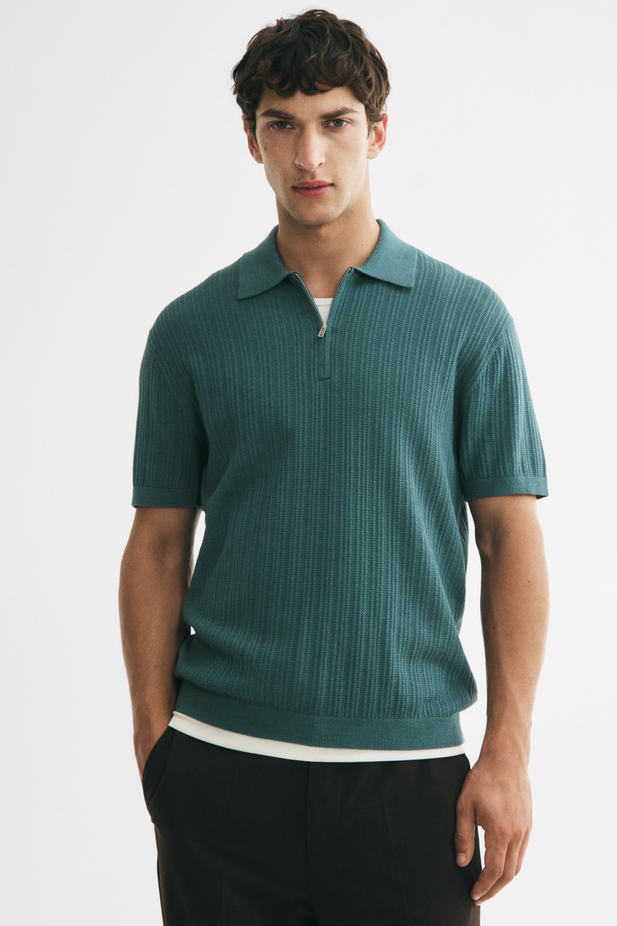 View larger image: Slim Fit Textured-knit polo shirt - Dusty green - Men | H&M IN 1