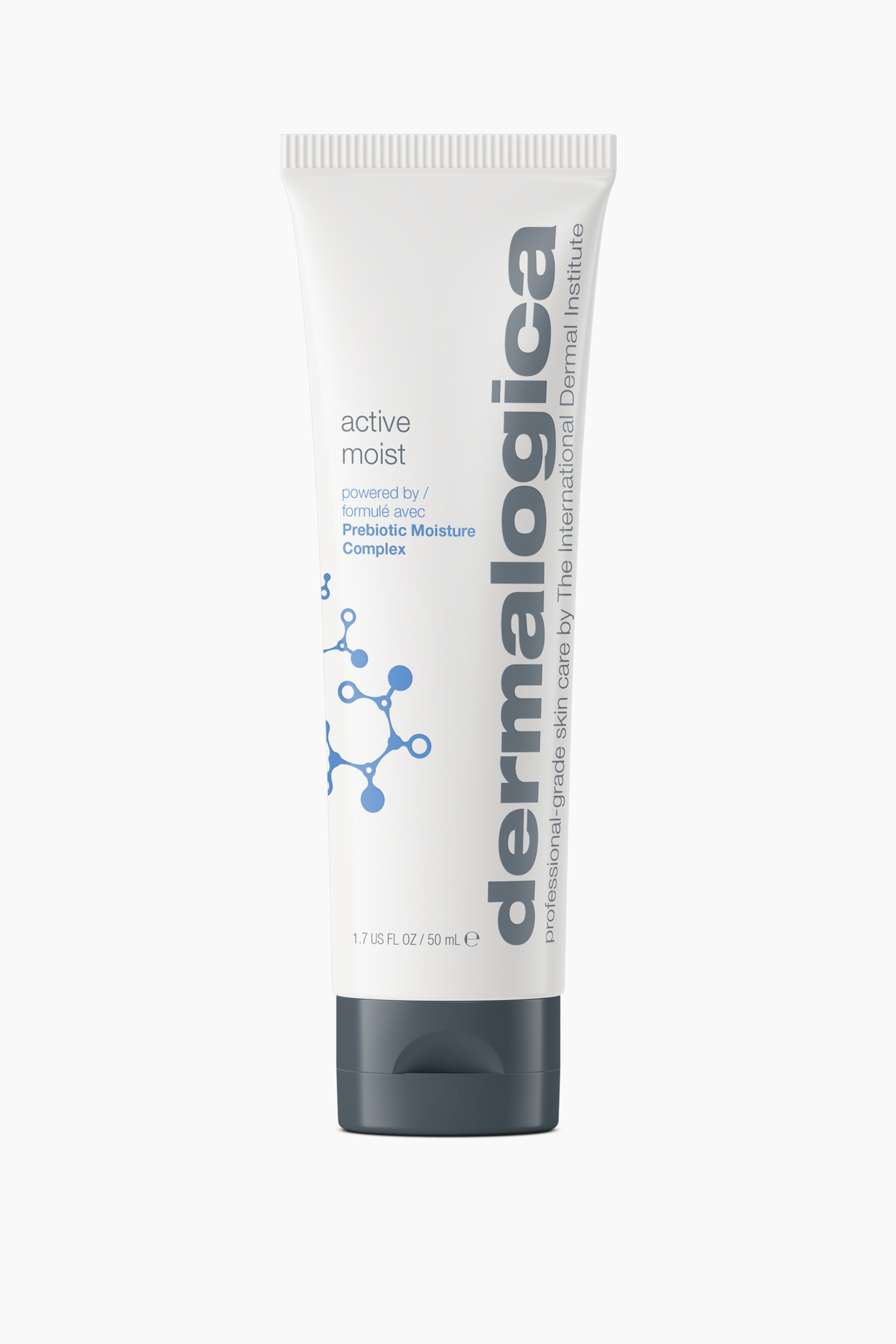 Visa större bild: En vit klämbar tub med Dermalogica Active Moist-fuktkräm står upprätt och vänd framåt, med frontetikettens design tydligt synlig. Tuben har ett mörkgrått flip-top-lock vid basen, vertikal grå branding på högra sidan och en blå molekylgrafik på vänstra sidan.
