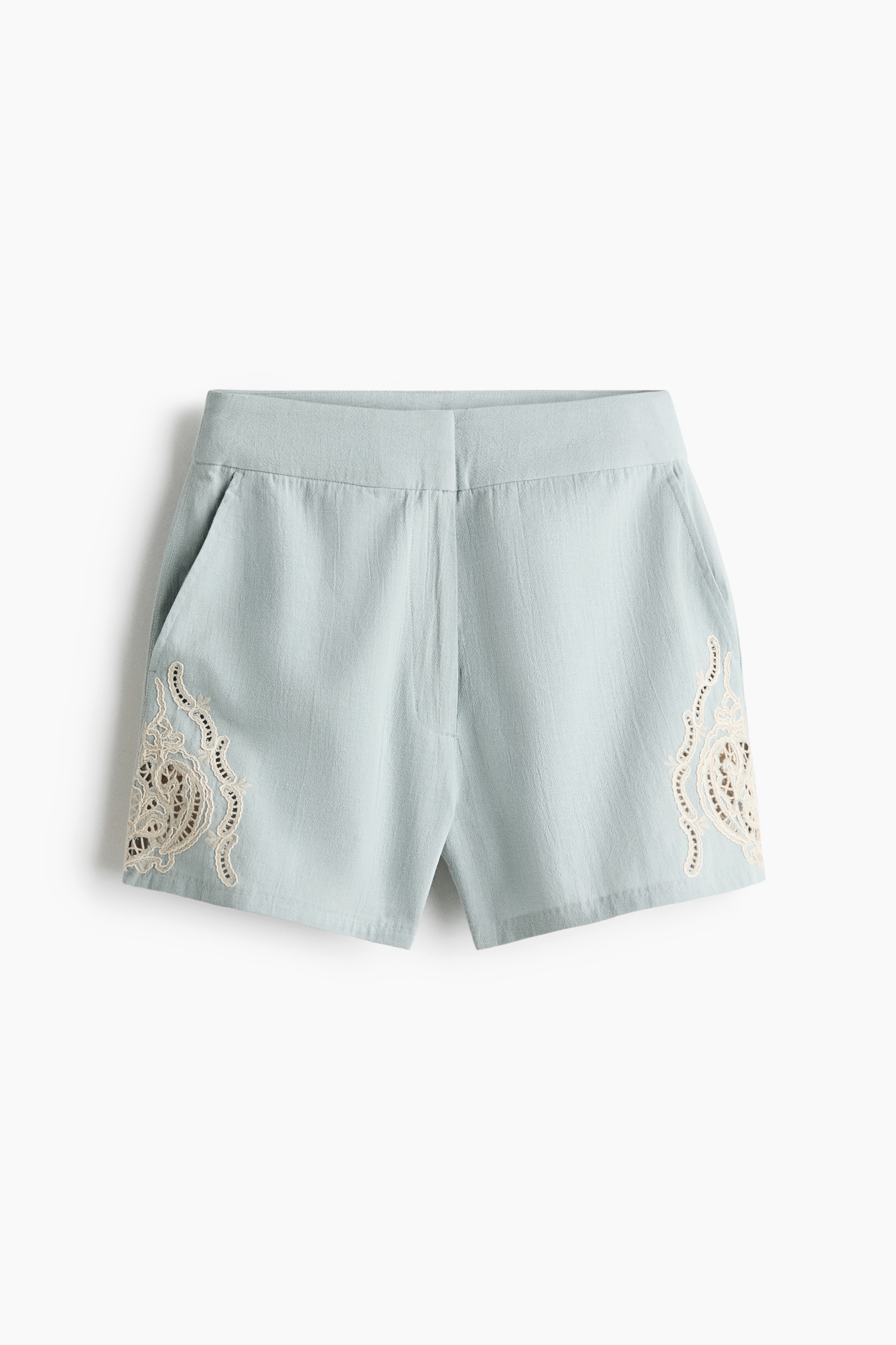 Shorts en mezcla de lino con bordado inglés - Azul denim claro/Crema