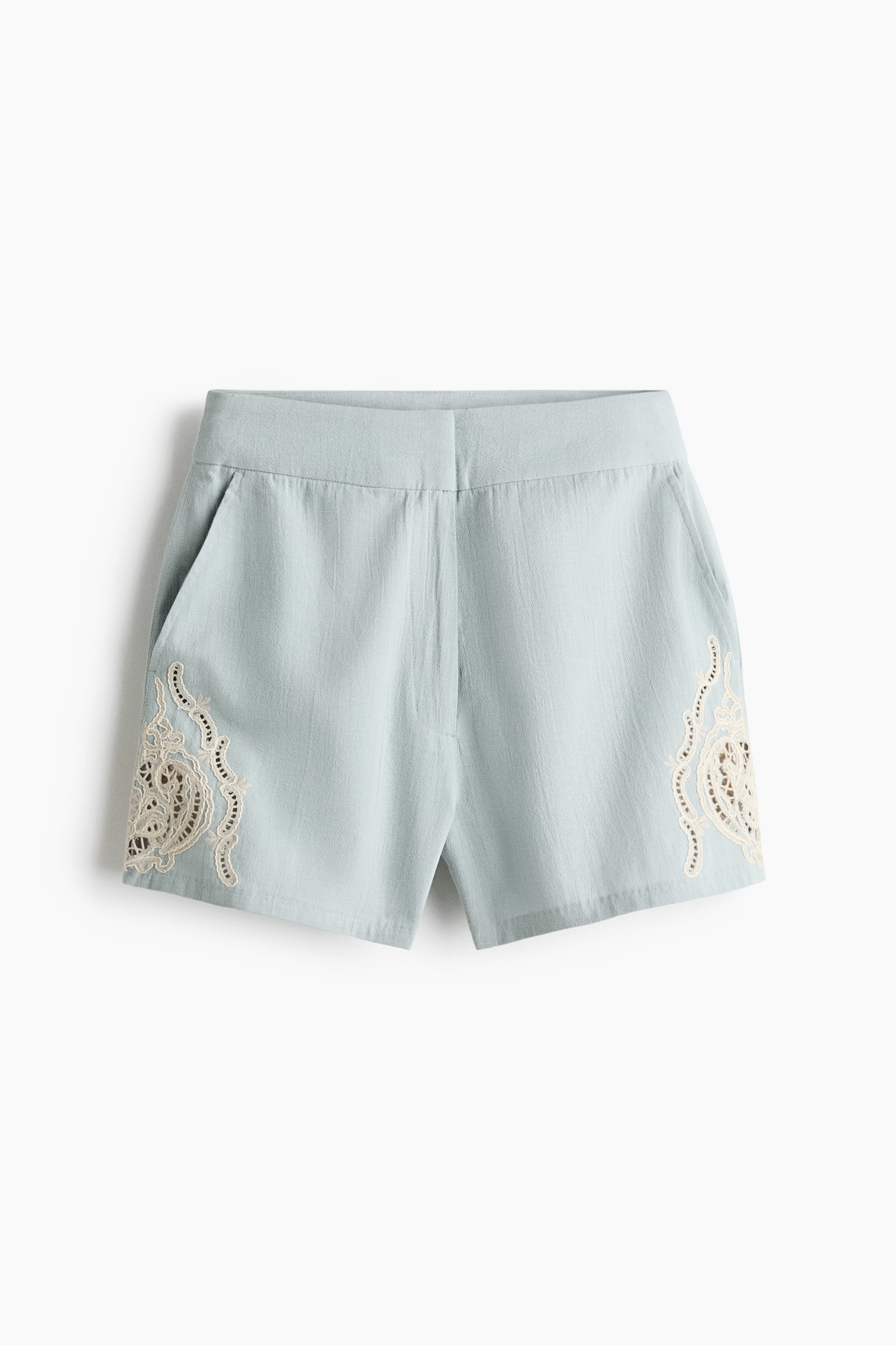 Short en lin mélangé avec broderie anglaise - Bleu denim clair/crème - 1