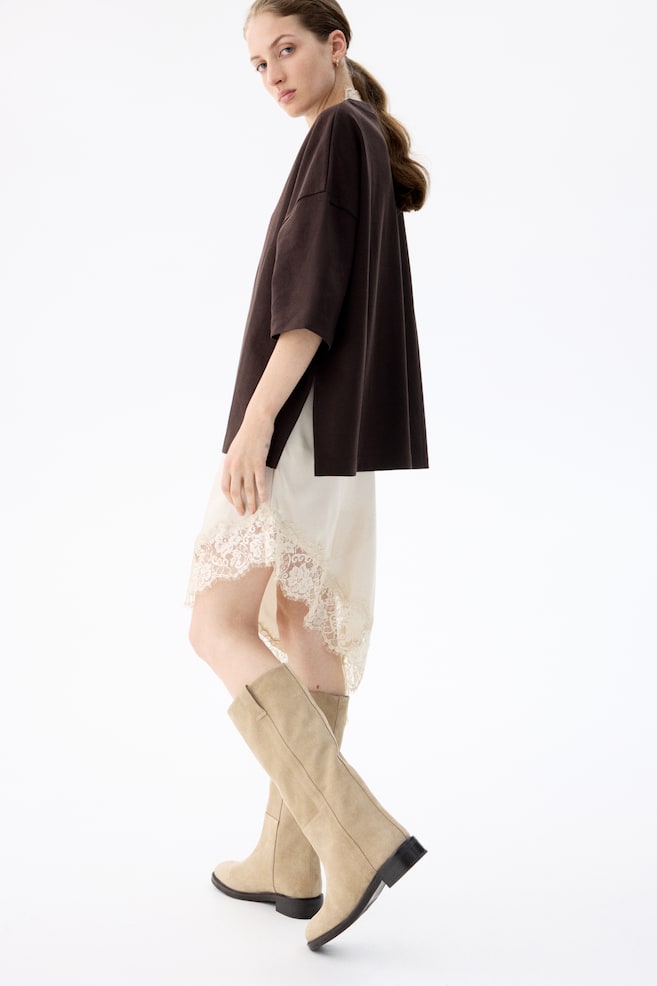 Knee-High Split Suede Boots - Beige/Light brown - 1
