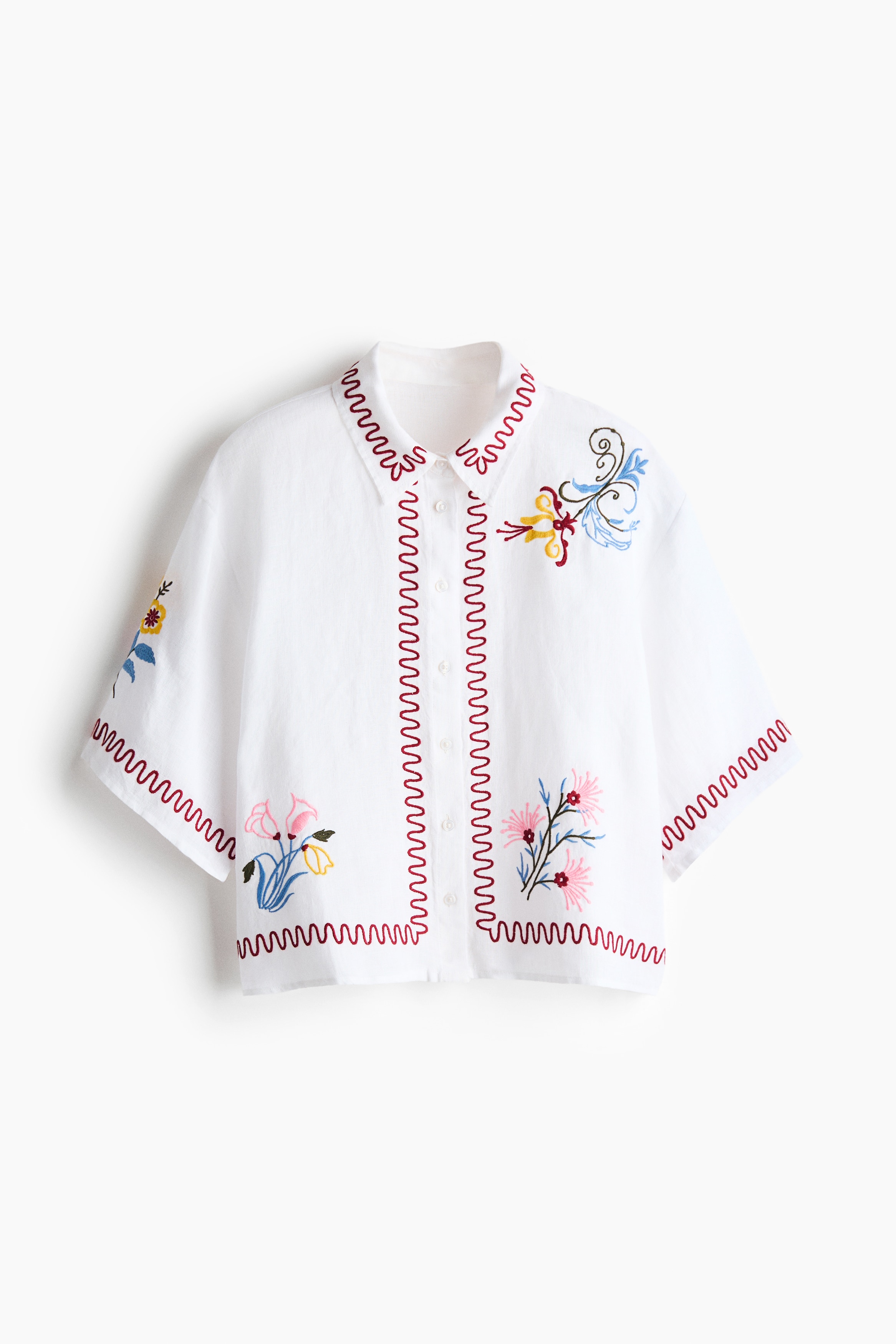 Camicia da mare in lino con ricami - Bianco/rosso scuro