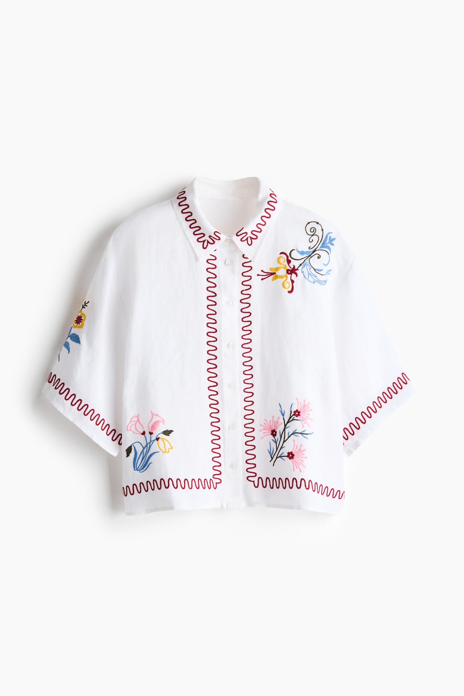Linnen strandblouse met borduursel - Wit/donkerrood - 1