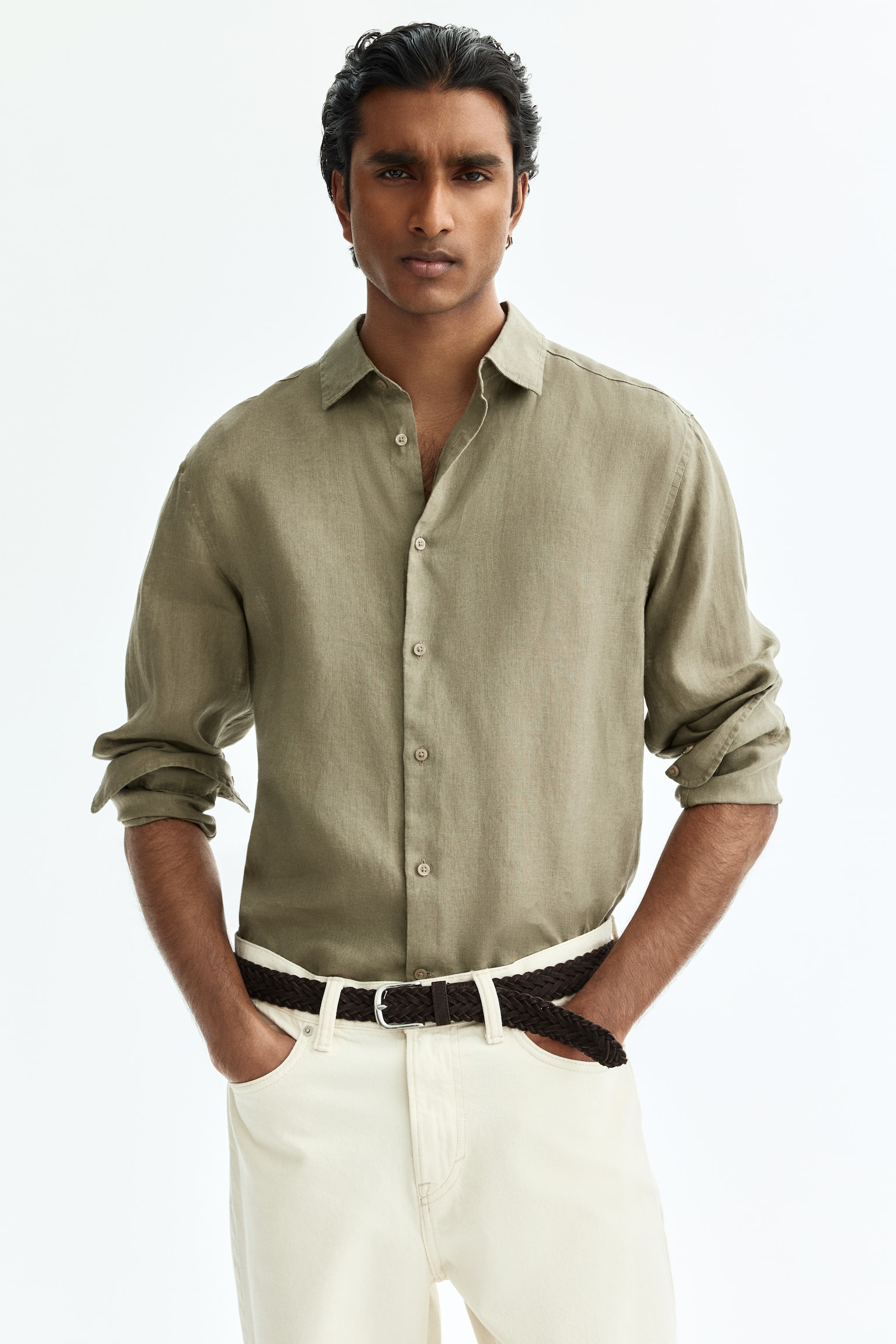 Slim Fit Linen shirt - Khaki green/Light blue/White/Black - 6