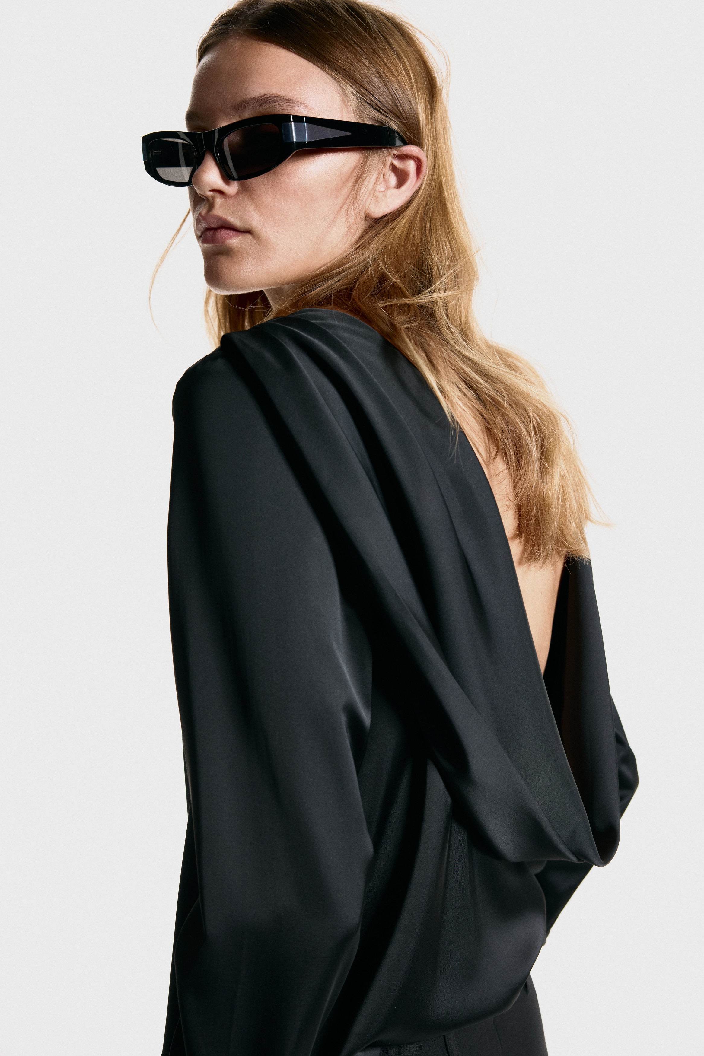 Bead-embroidered cowl-back blouse