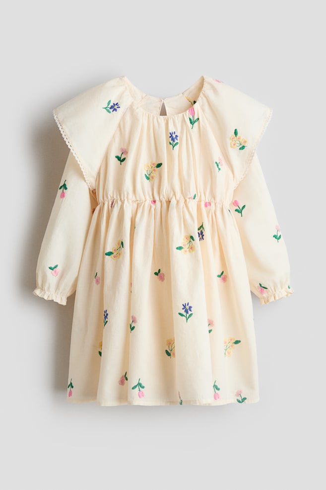 Embroidered flounced cotton dress - Cream/Floral - 1