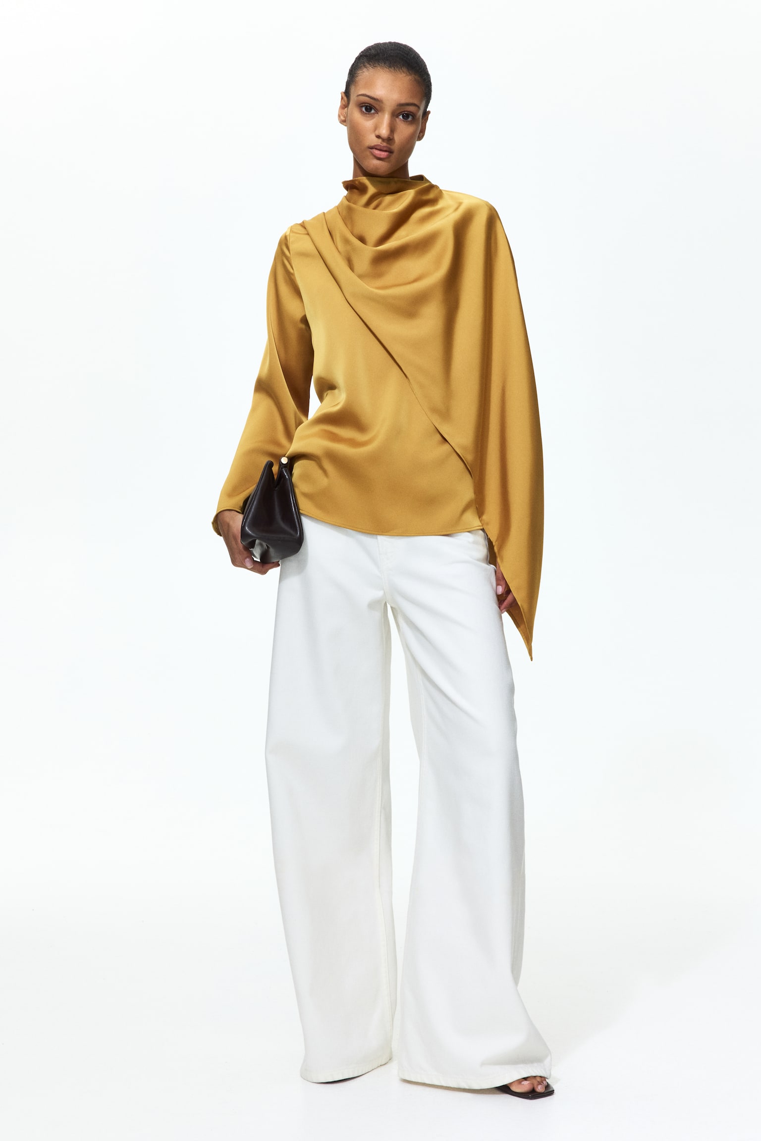 Blusa de satén con detalle de chal - Amarillo mostaza/Beige claro - 6