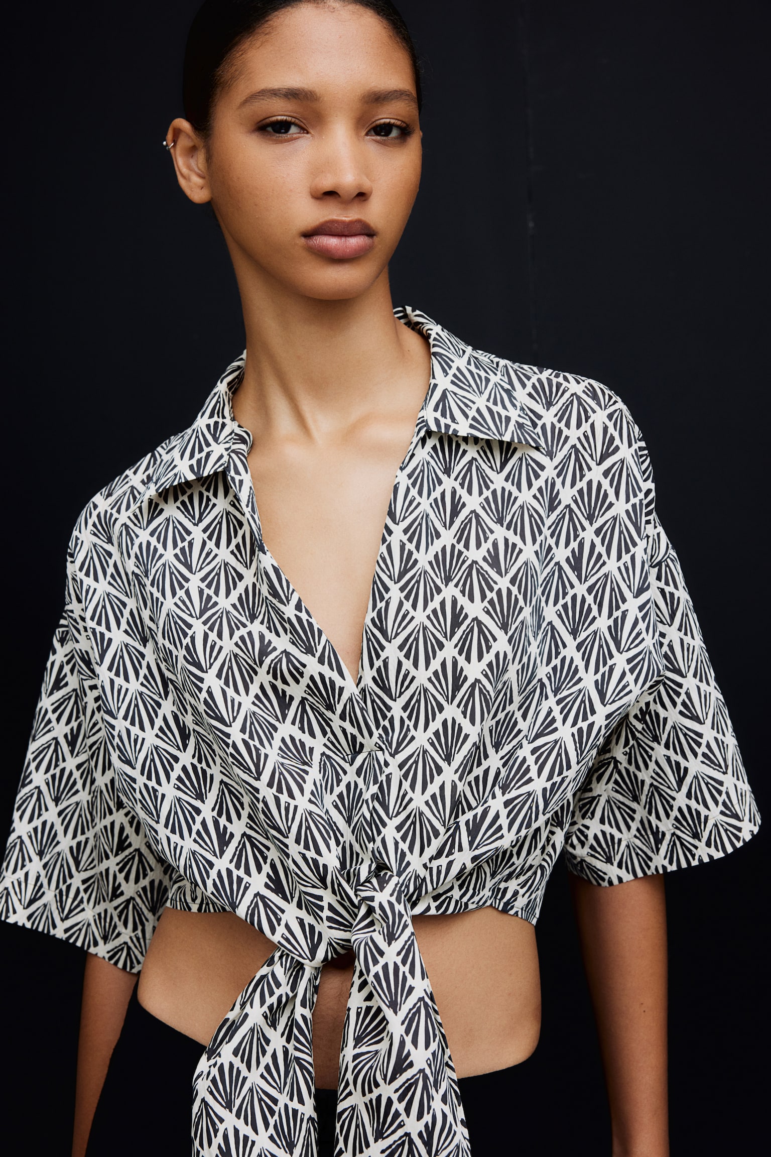 Tie Detail Blouse - Black/Pattern/Cream/Bright blue/White/Palm leaves - 1