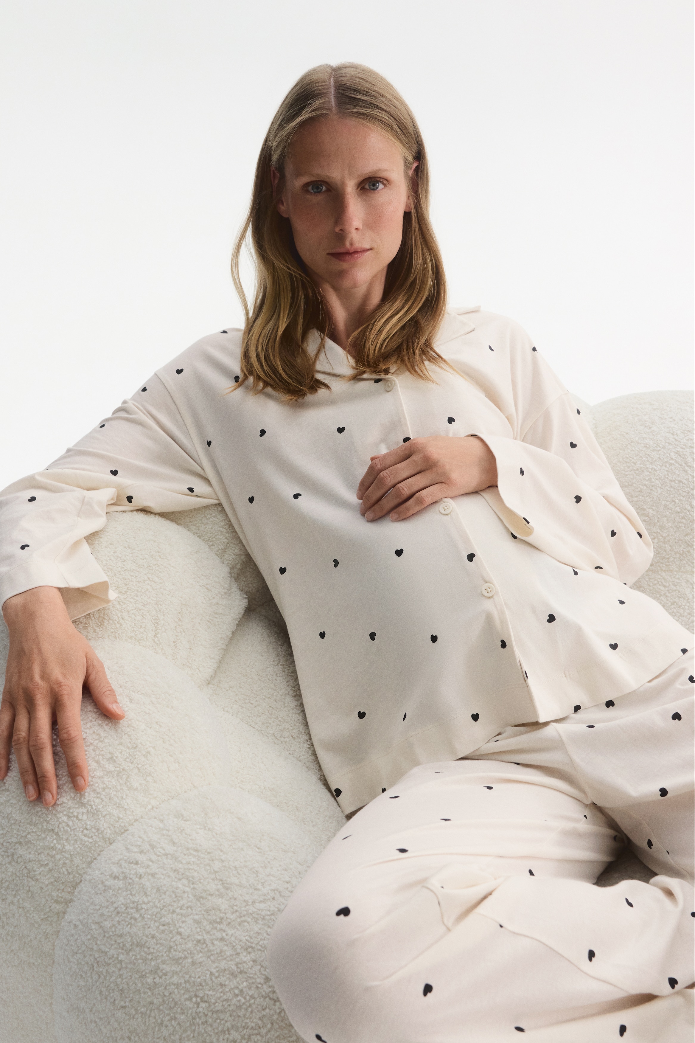 MAMA Pyjama aus Baumwolle - Cremefarben/Herzen/Dunkles Mattrosa