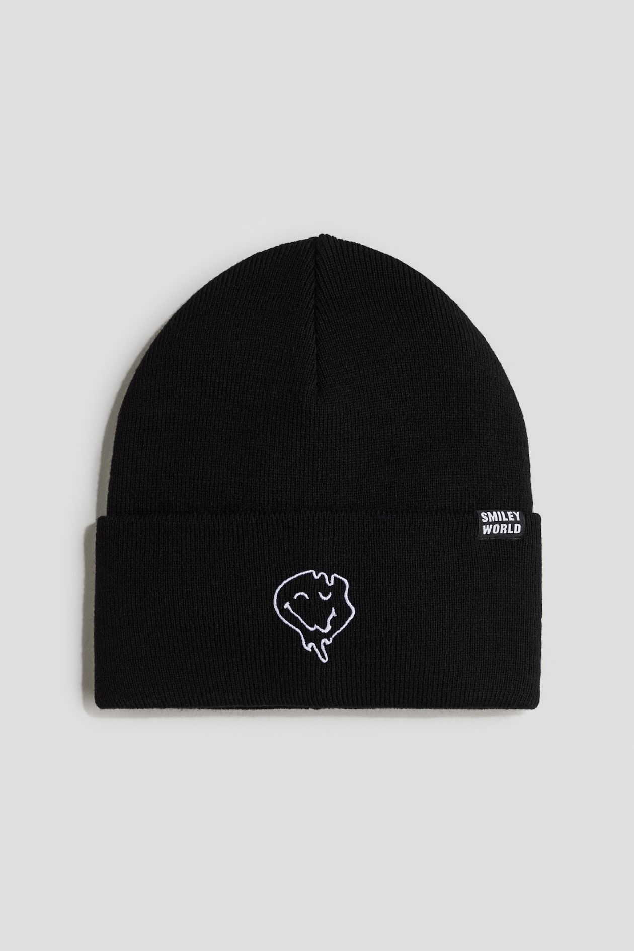 Black Ribbed Beanie with Smiley Patch - Women Accessories Happy Smiley Face Emoji Embroidery Design Beanie | Emote IRL main image 2