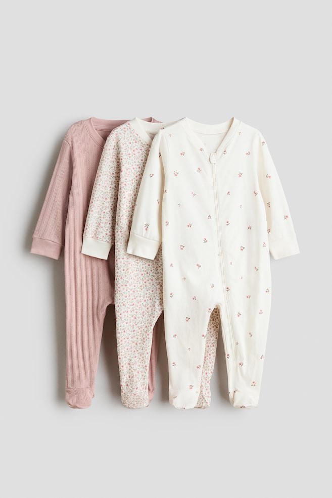 3-Pack Cotton Pajama Jumpsuits - Dusty pink/floral/Light pink/clouds - 1