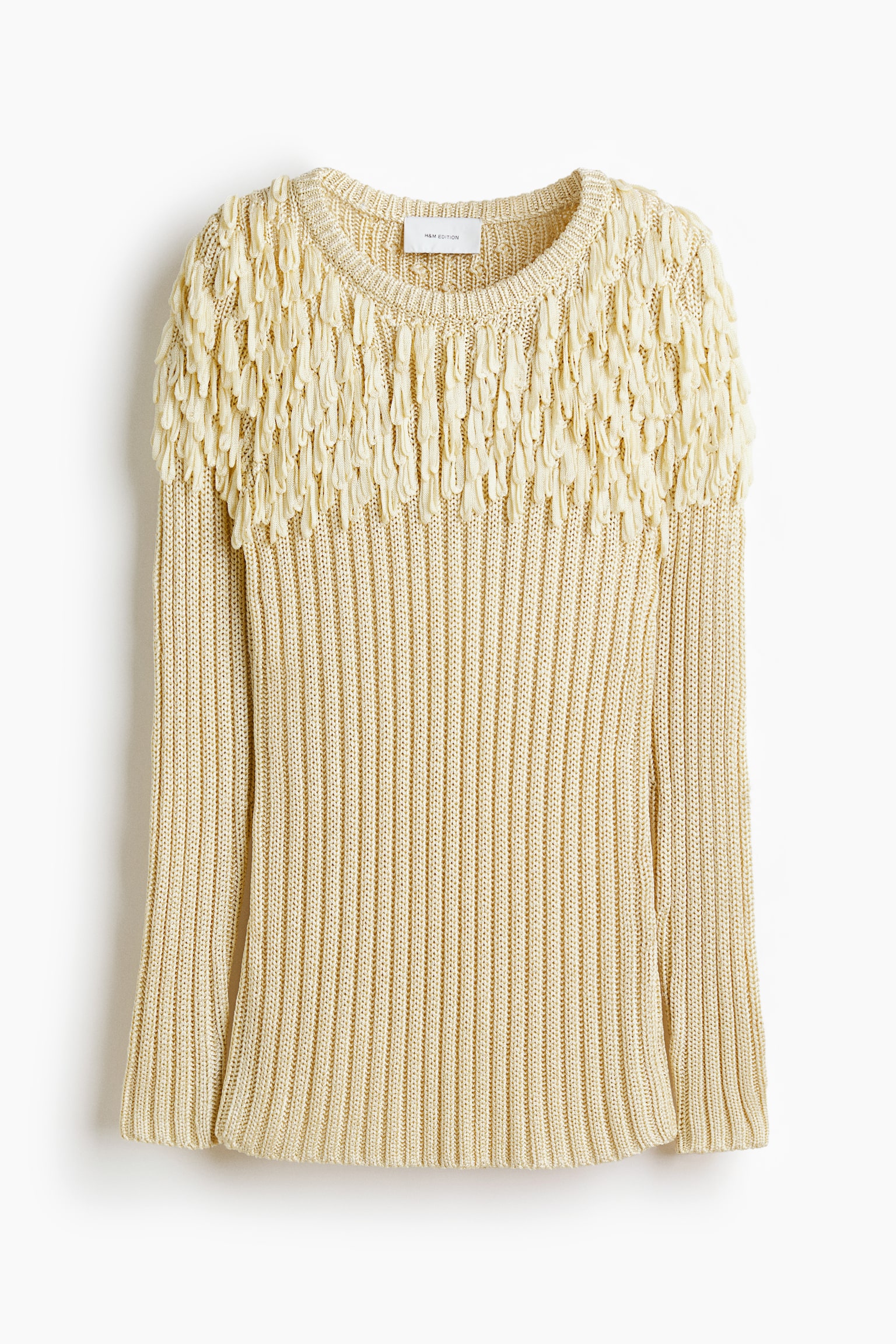 Fringe-detail rib-knit top - Light beige - 2