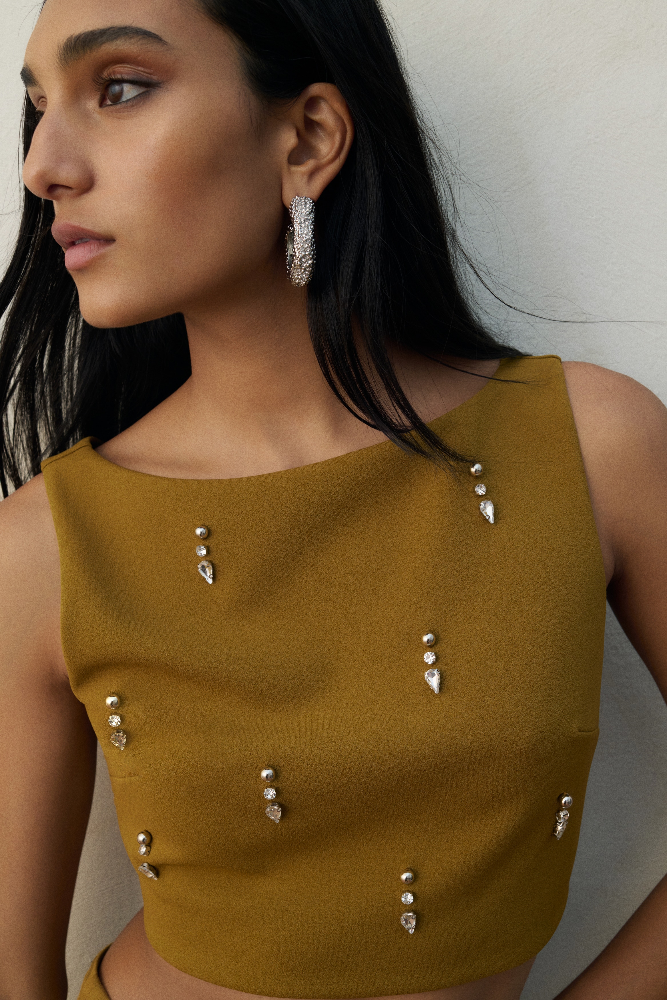 Ladies - Khaki green Embellished cropped top - Size: M  - H&M