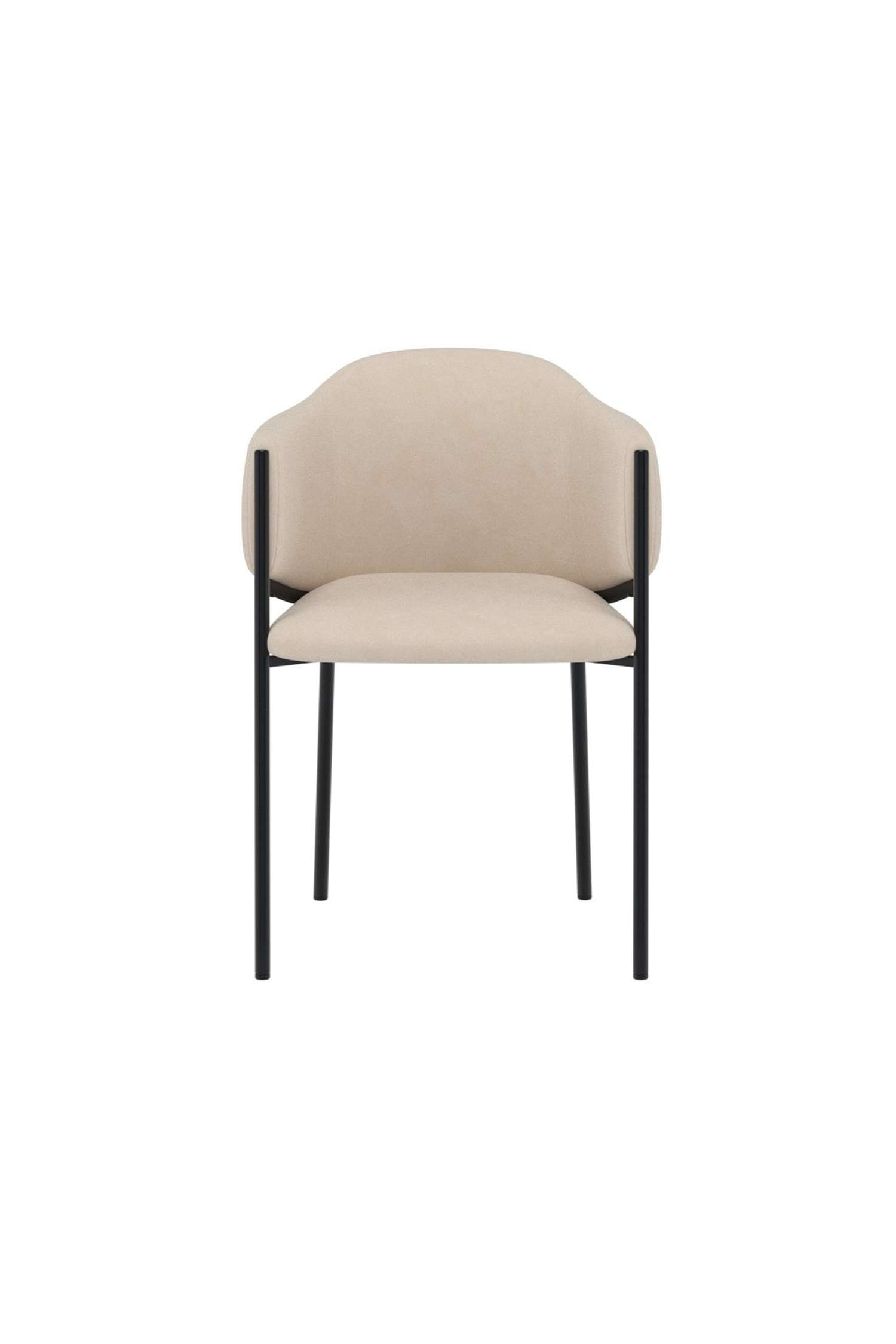 Dos sillones modernos muestran asientos tapizados en beige claro, con respaldos curvos envolventes y patas finas de metal negro. El sillÃ³n de la izquierda estÃ¡ orientado hacia el frente, mientras que el de la derecha estÃ¡ ligeramente girado hacia la izquierda.