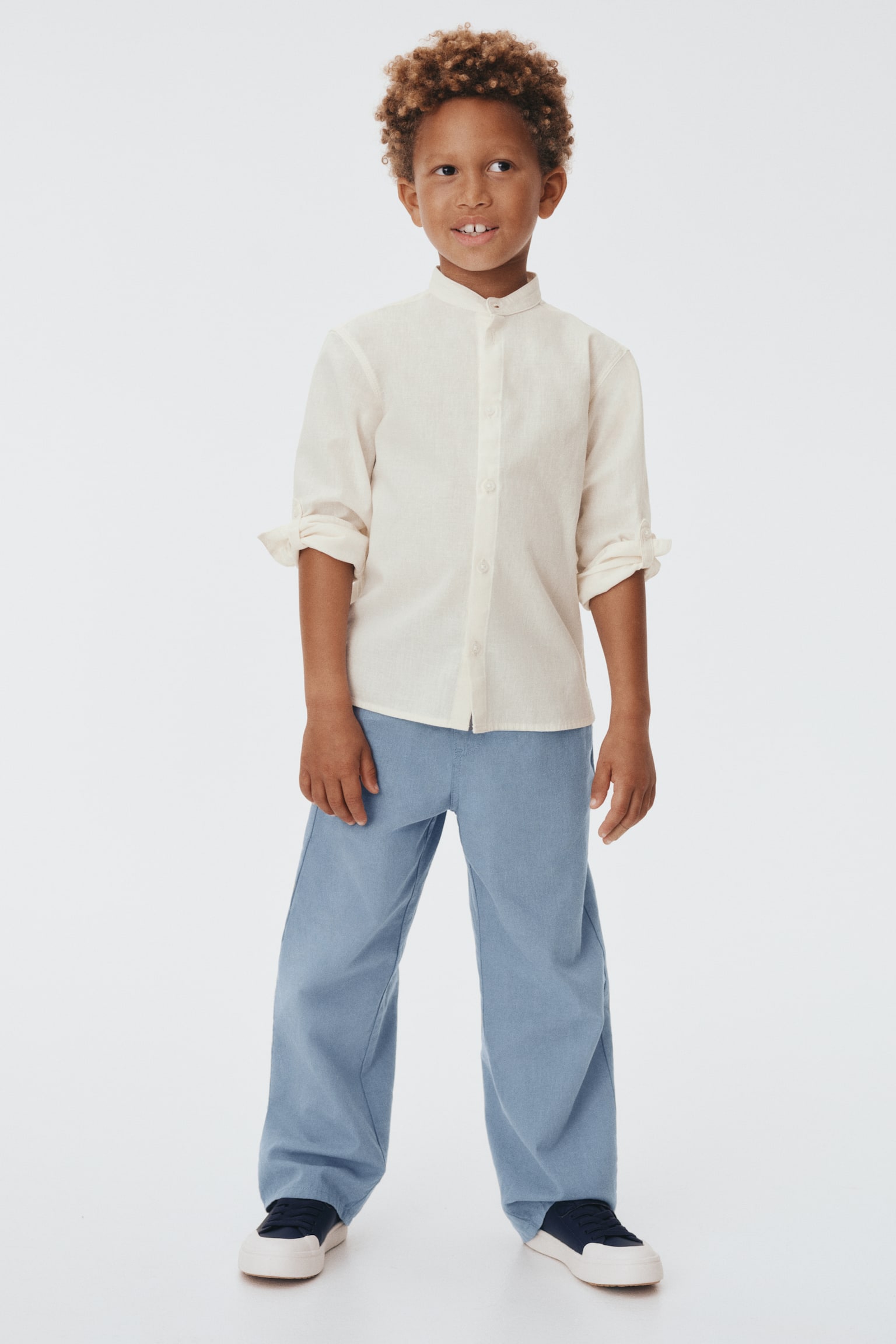 חולצה עם צווארון סיני מתערובת פשתן - קרם - 3