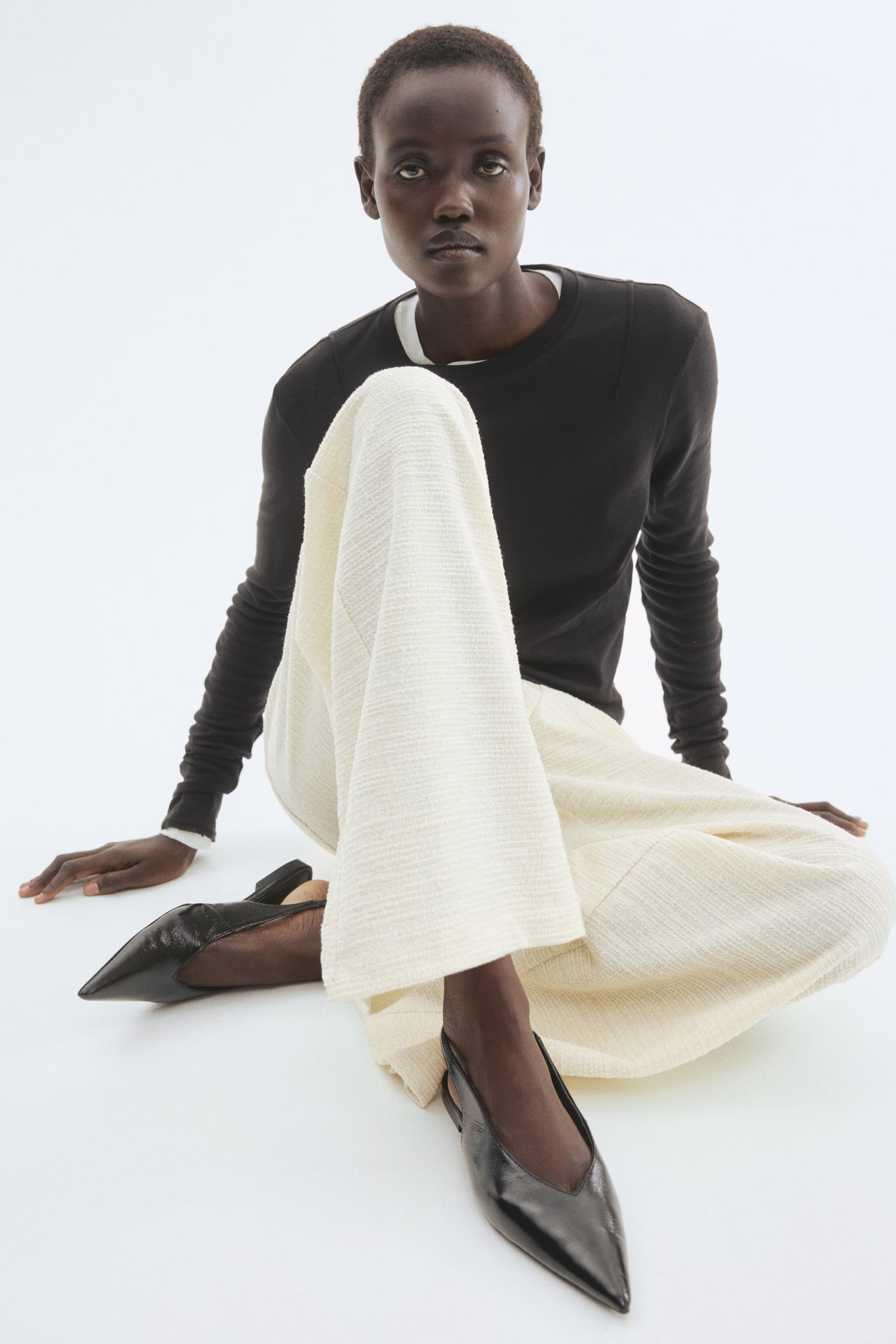 Wide bouclé trousers - Cream/Dark brown - 2