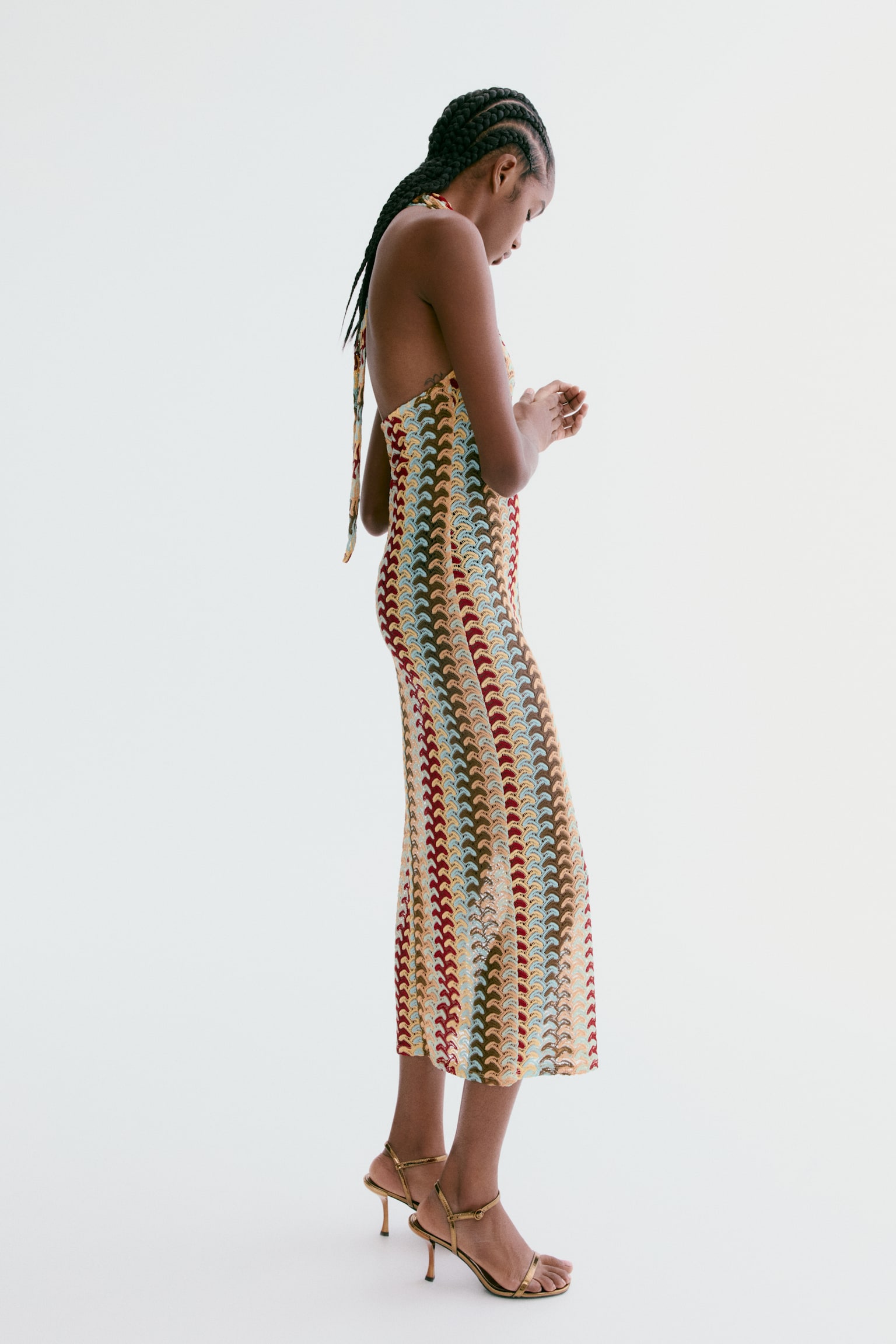 Crochet-look halterneck dress - Light blue/Multi striped - 3