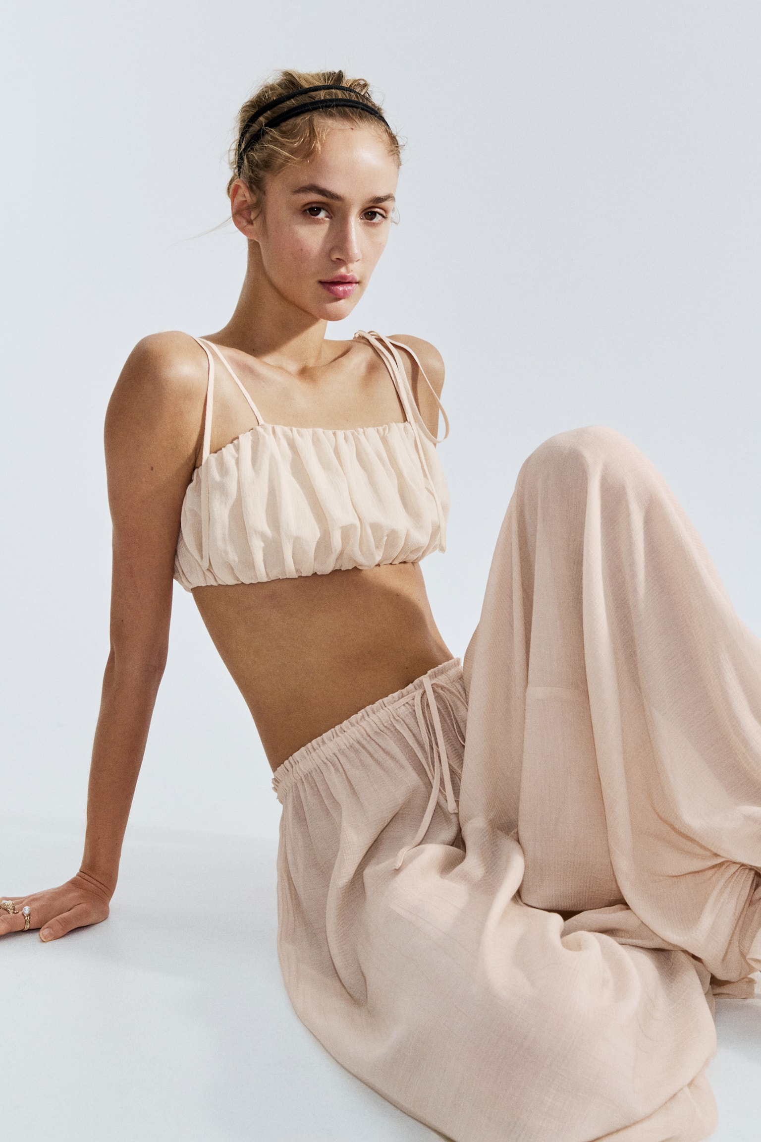 Gathered crop top - Light beige - 1
