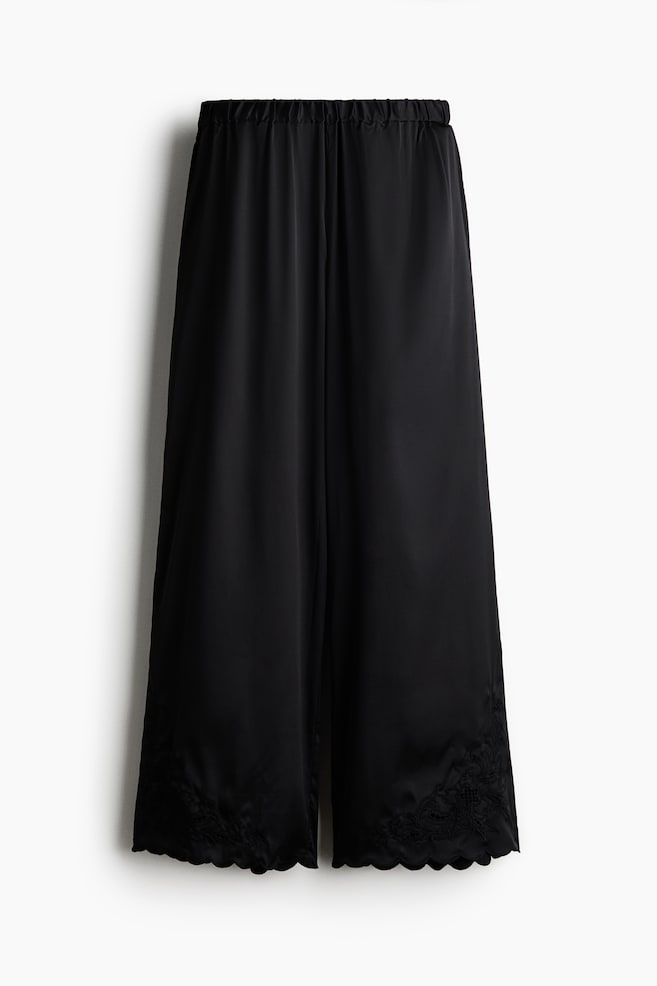 Embroidered Satin Pants - Black - 1