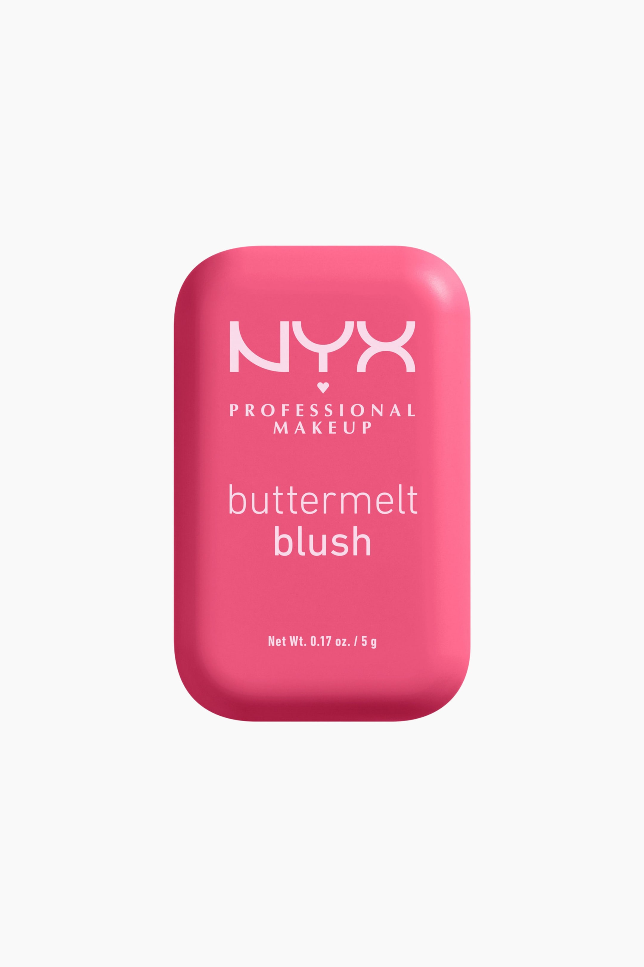 Vis større bilde: En lys rosa rektangulær blush-kompakt med avrundede kanter er vendt fremover, og viser 'NYX PROFESSIONAL MAKEUP buttermelt blush' og 'Netto Vekt 0,17 oz. / 5 g' i hvit tekst.