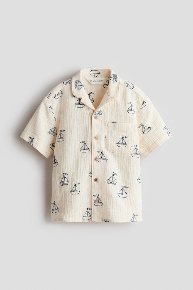 Embroidered-Motif Cotton Shirt - Light beige/sailboats - 1