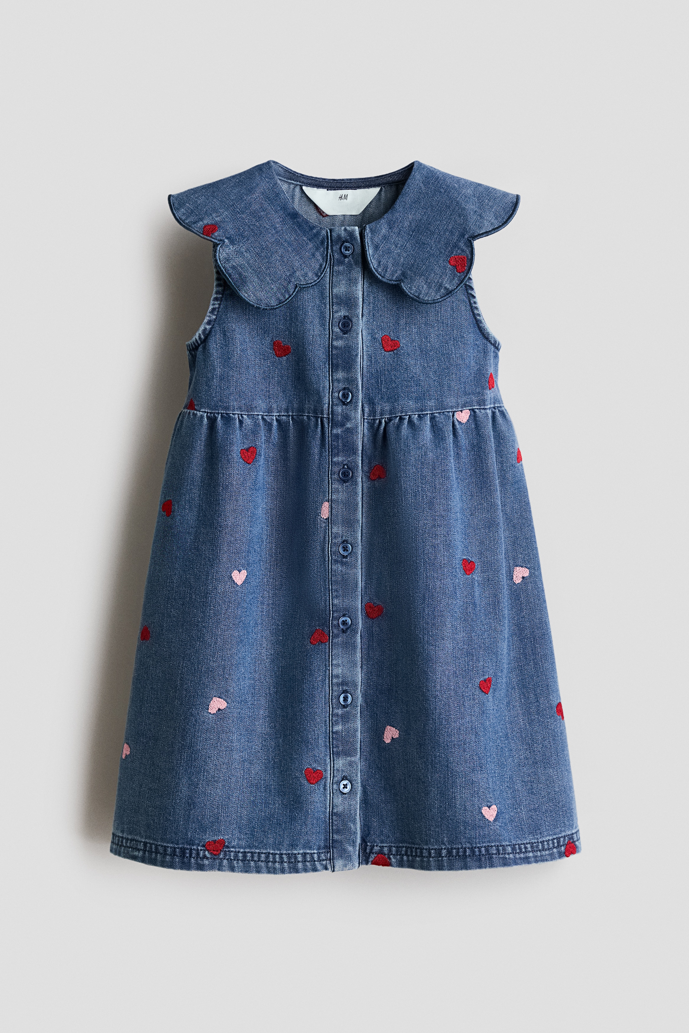 Denim blue/hearts Embroidered-Detail Denim Dress for kids | H&M US