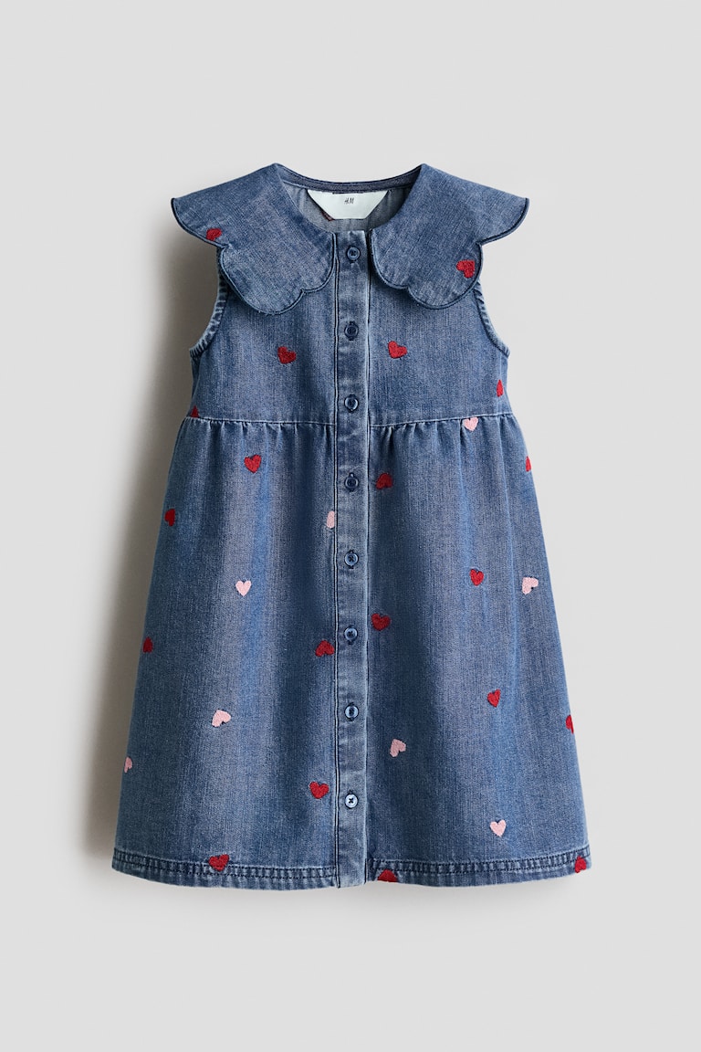 Denim blue/hearts Embroidered-Detail Denim Dress for kids