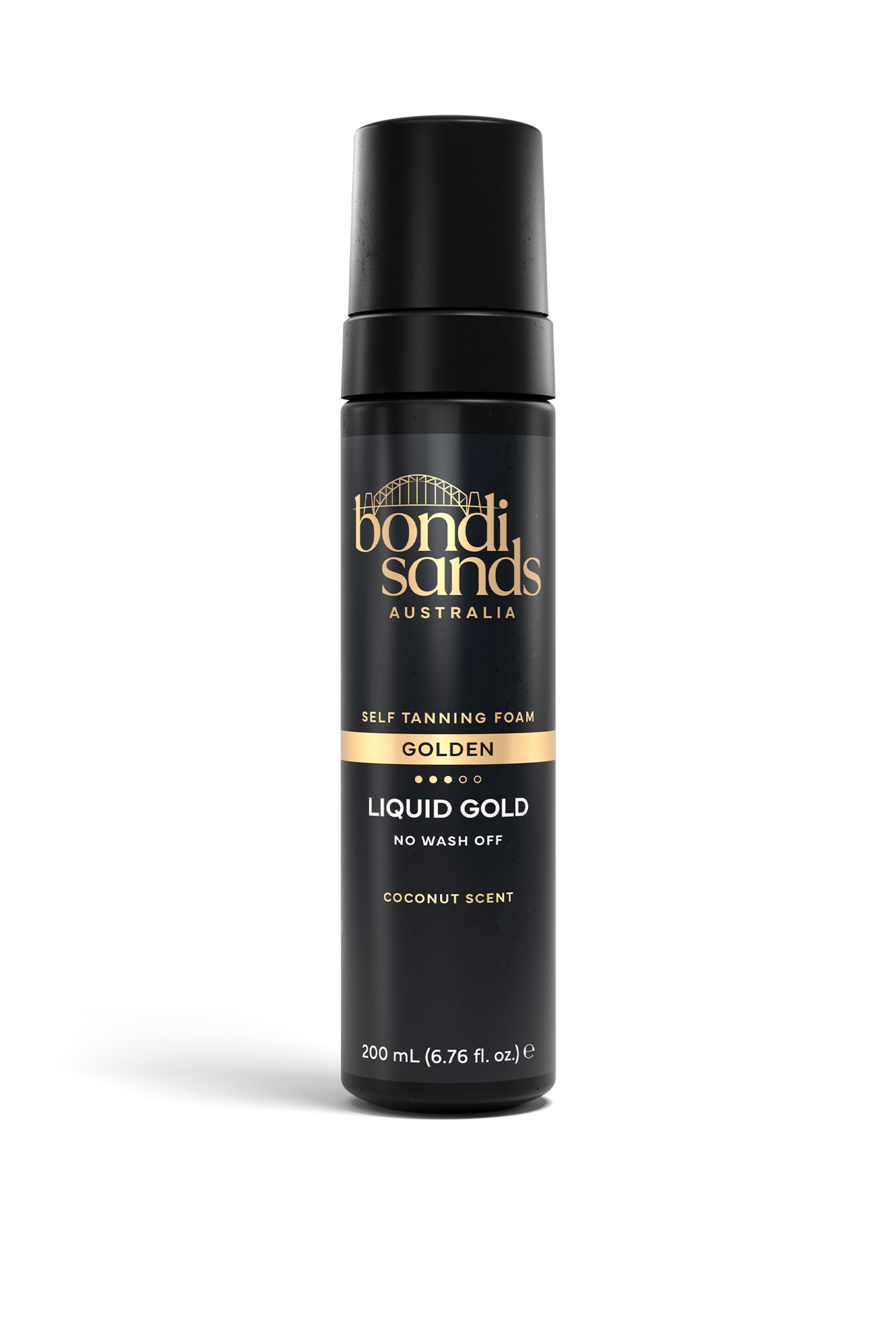 Visa större bild: En svart cylindrisk flaska med Bondi Sands Liquid Gold självbruningsskum står upprätt och vänd framåt, med ett svart lock och en etikett med guldtexten 'Bondi Sands Australia', ett horisontellt guldstreck med texten 'Golden', samt texten 'Liquid Gold No Wash Off Coconut Scent' och '200 mL (6.76 fl. oz.)'.