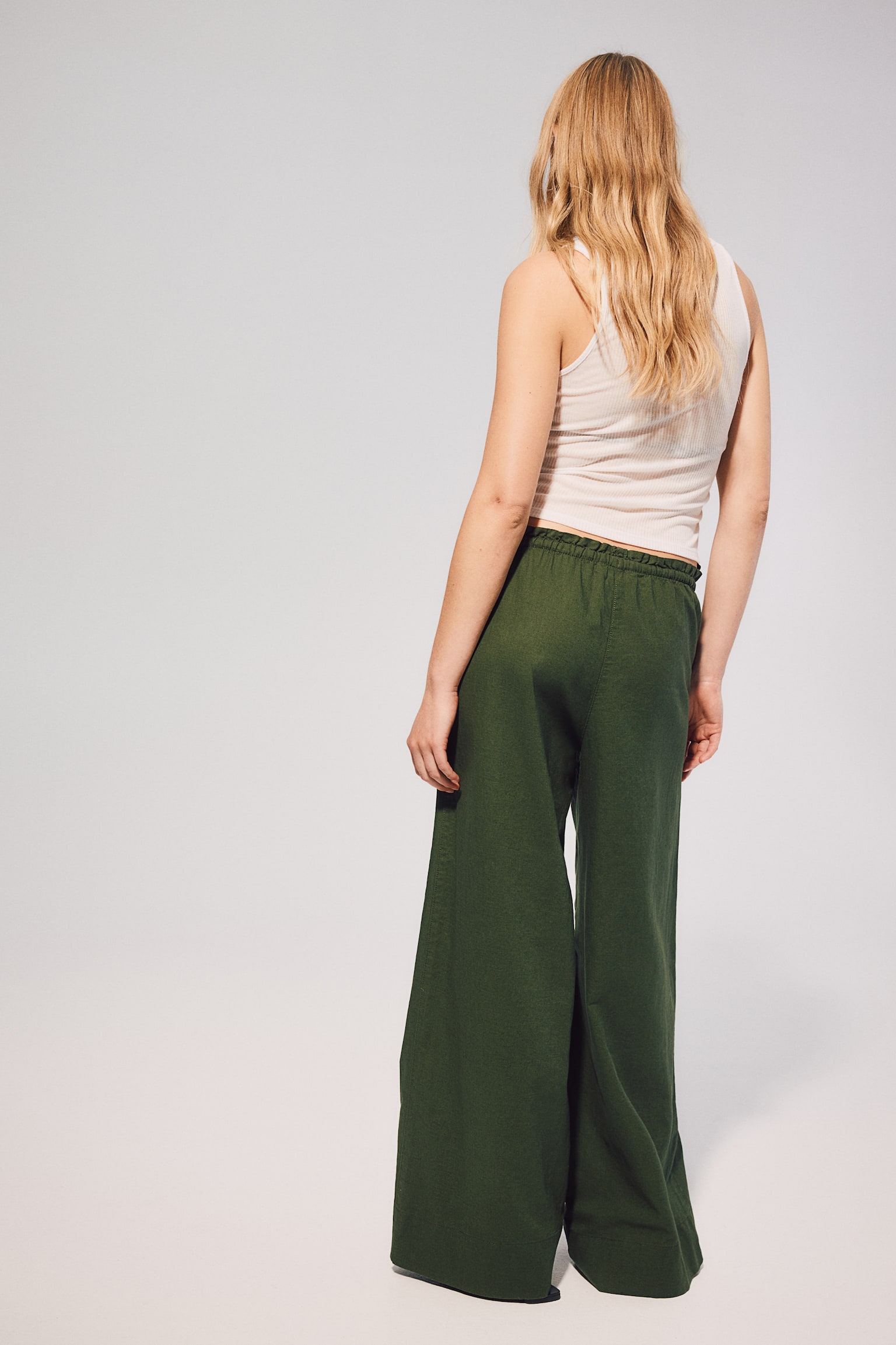 Wide linen-blend trousers - Dark khaki green/Black/Beige/White/Olive green - 7