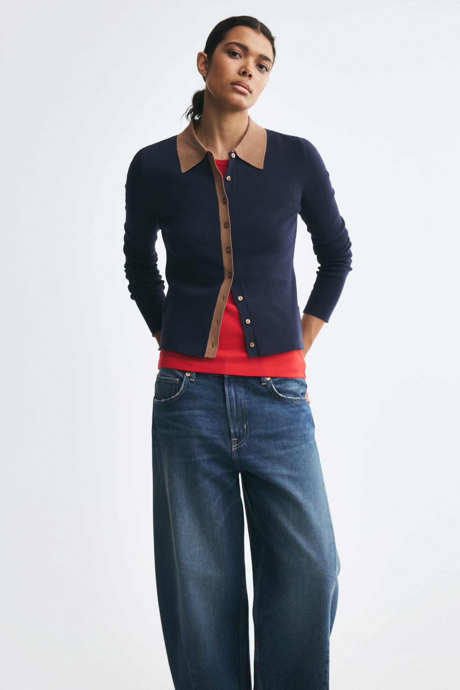 Женский кардиган H&M Fitted Rib-Knit, цвет: Тёмный синий — фото 3