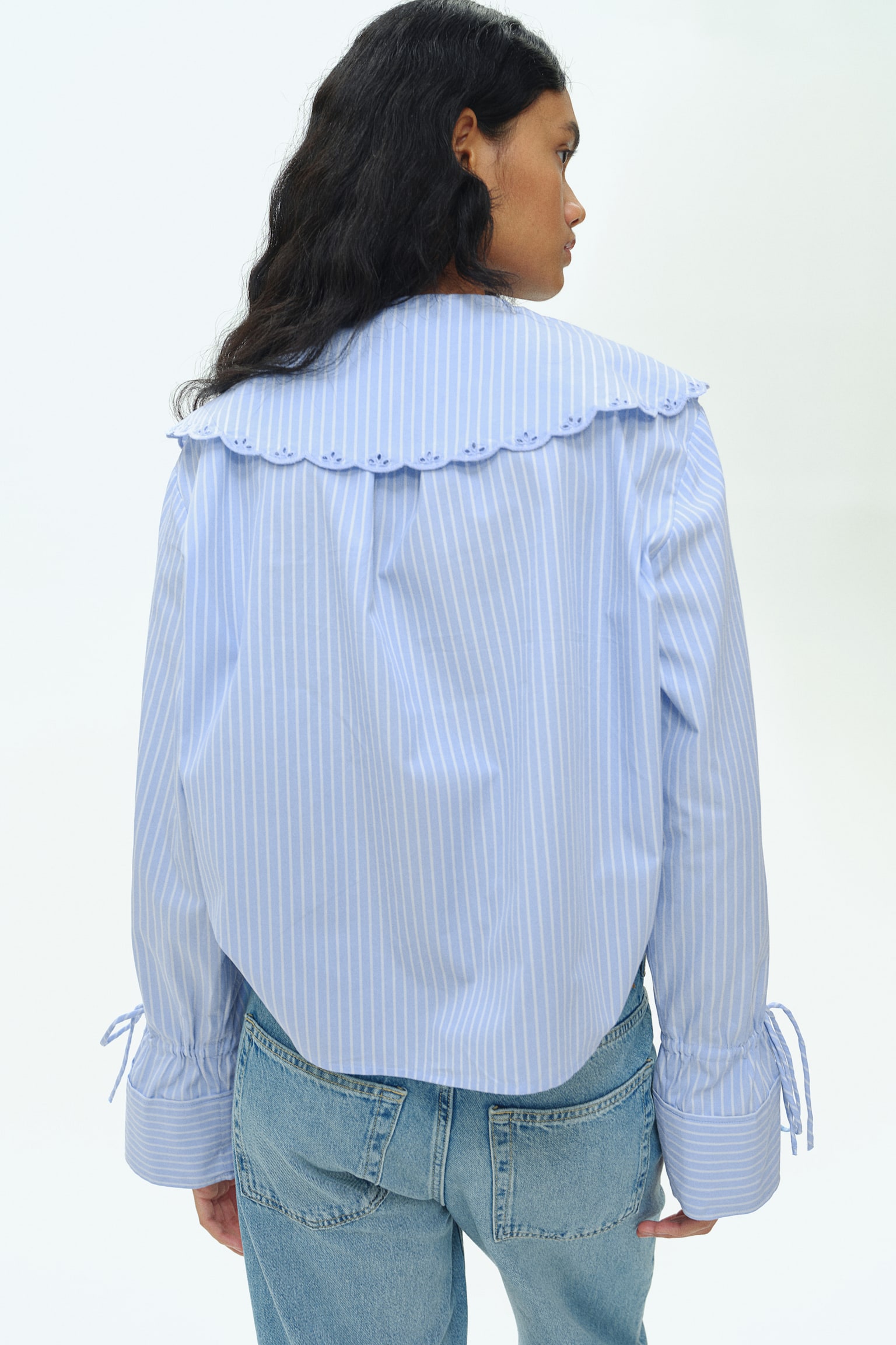 Broderie anglaise-detail poplin blouse - Light blue/Striped/White - 5