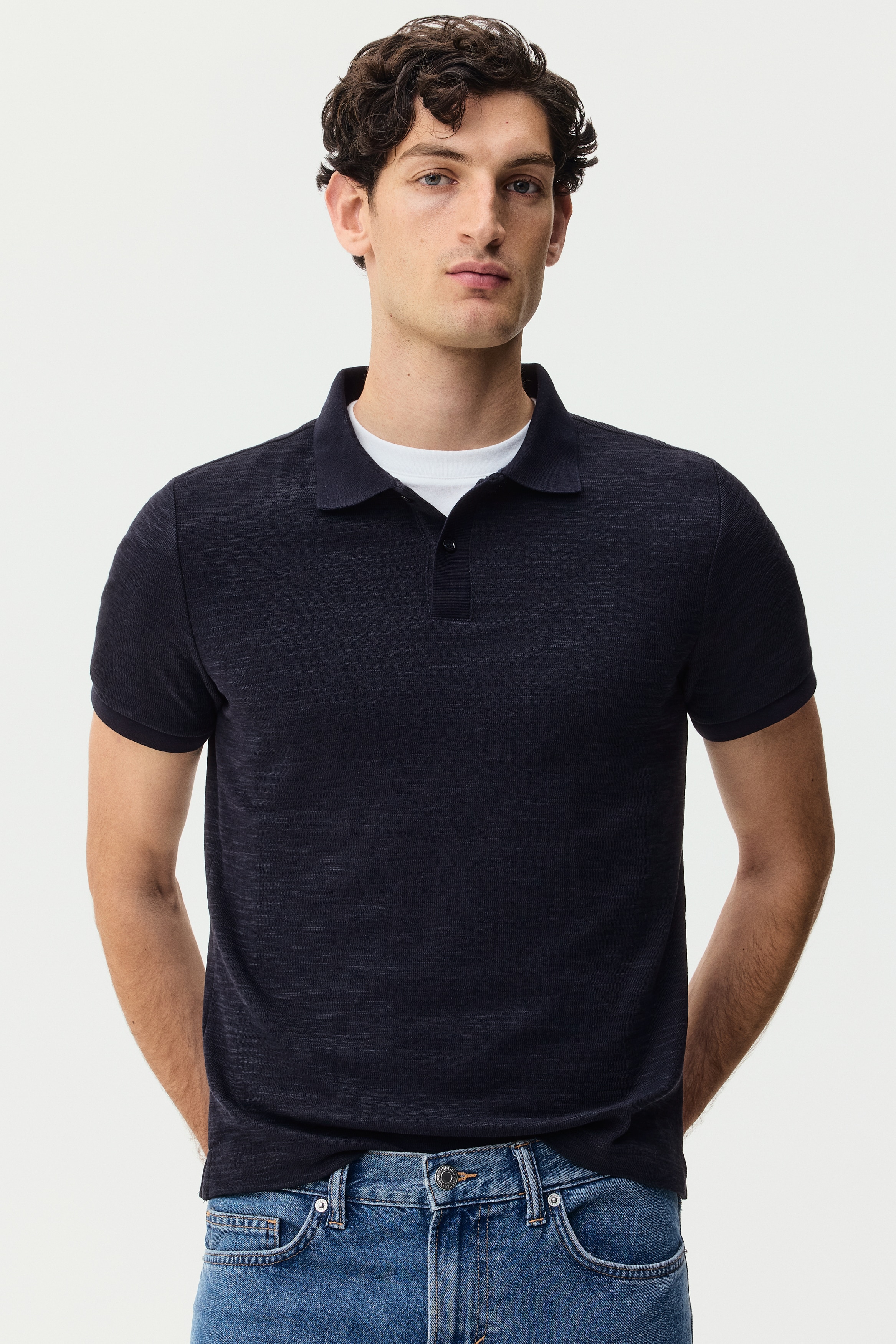 Polo Slim Fit en maille jacquard - Bleu foncé/Crème/Marron foncé/Violet foncé