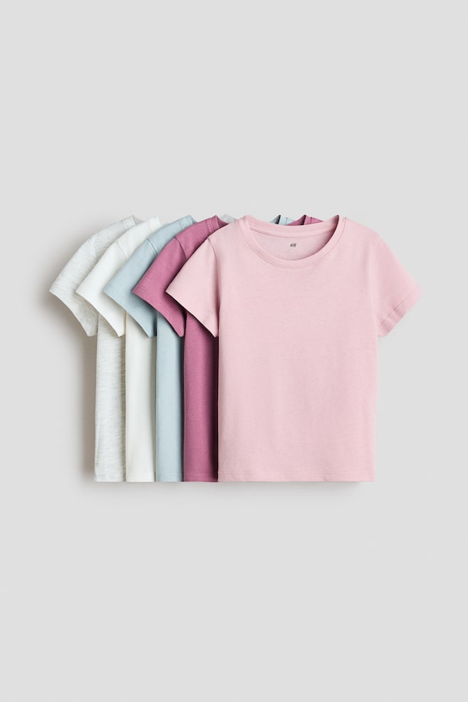 Set van 5 T-shirts - Roze/wit/Roze/wit/beige/Lichtroze/lichtgroen/geel/Paars/beige/groen/Lichtroze/hartjes/Lichtroze/hartjes/Lichtroze/kersen/Donkergrijs/luipaarddessin/Lichtroze/kersen - 1