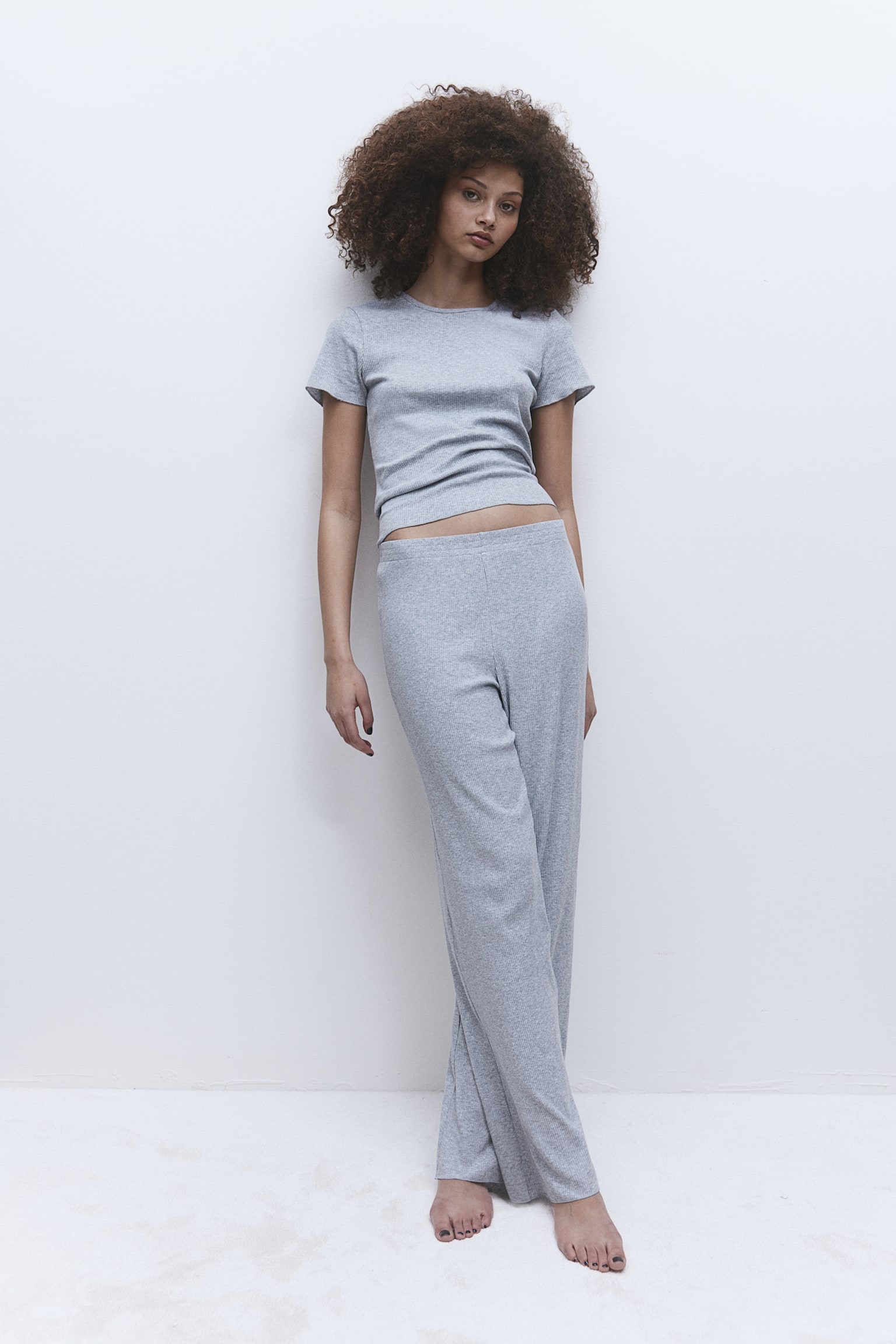 Rib Pyjama Tee & Pants Set - Light grey marle/Black - 1