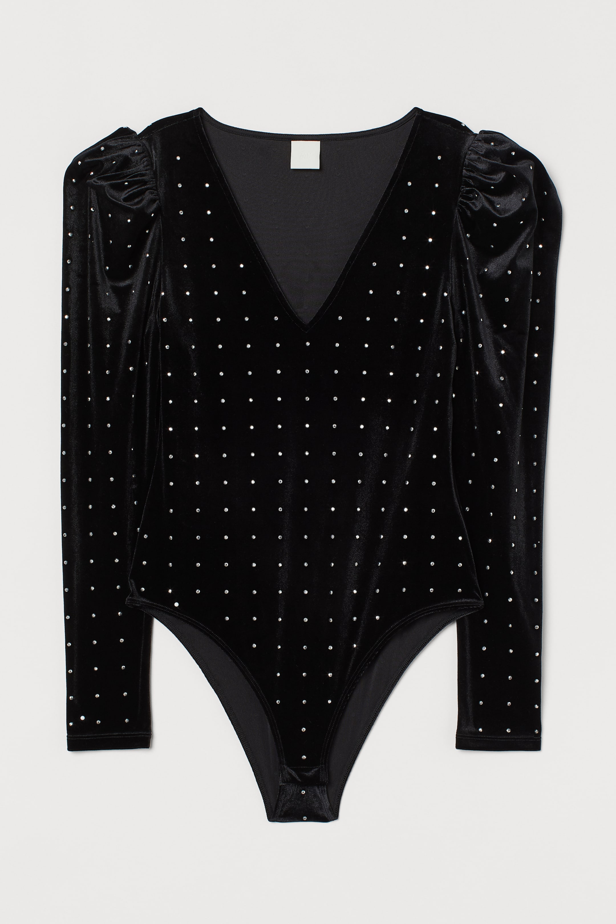 Veloursbody mit Nieten - V-Ausschnitt - Langarm - Schwarz - Ladies 