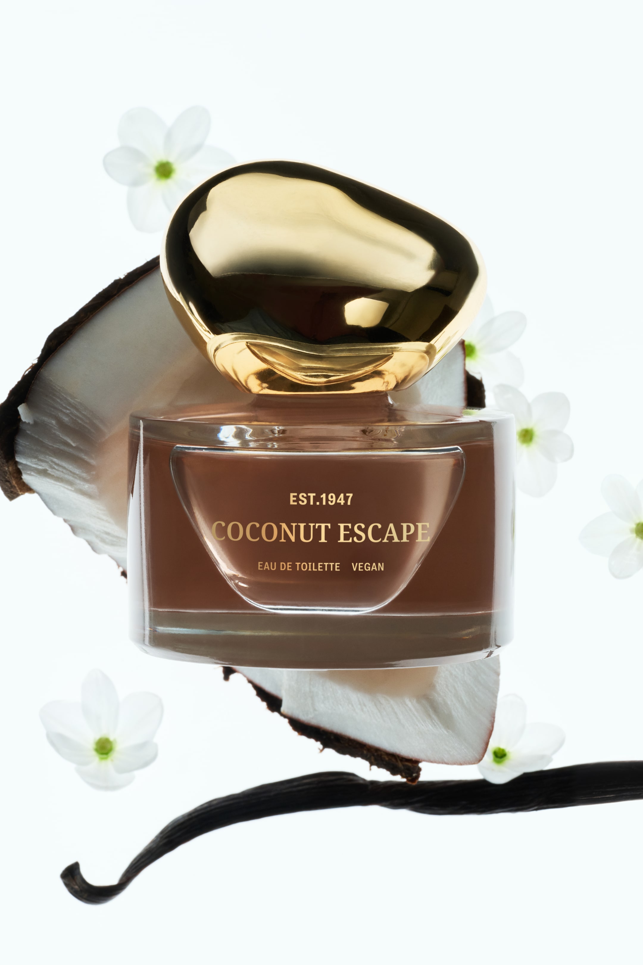 Agrandir l'image: Le flacon de parfum "Coconut Escape" est debout, face avant. Il présente un corps en verre transparent rempli de liquide brun, une étiquette affichant "Coconut Escape", "EST.1947", "EAU DE TOILETTE" et "VEGAN", ainsi qu'un bouchon doré de forme irrégulière. Des tranches de noix de coco, une gousse de vanille et de petites fleurs blanches entourent le flacon.