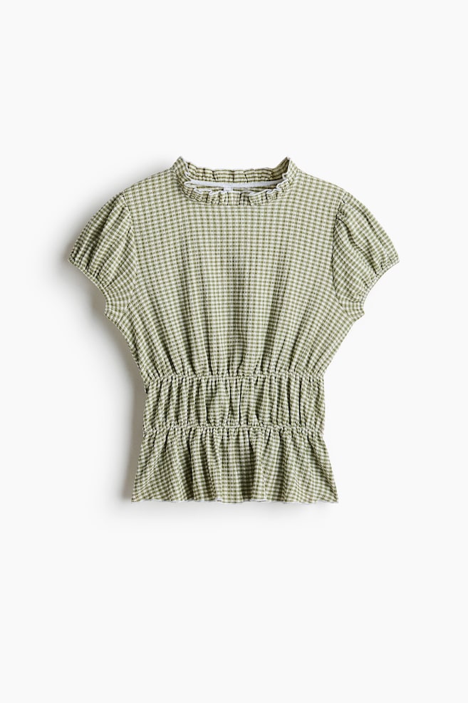 Puff-Sleeved Blouse - Light khaki green/checked/Dark blue/plaid - 1