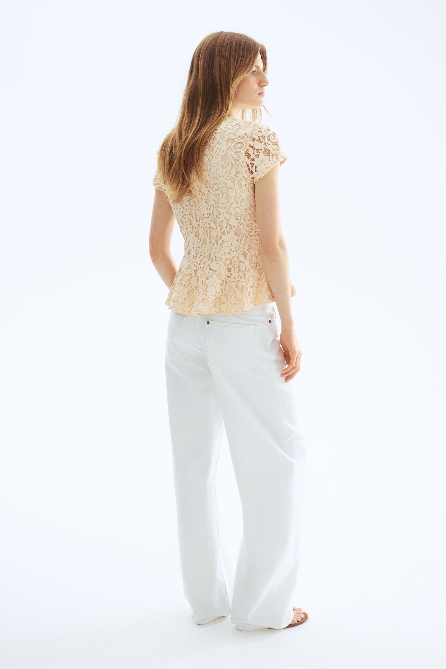 Crochet-look peplum top - Cream - 3