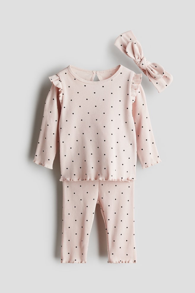Ensemble 3 pièces en coton côtelé - Rose clair/pois/Beige/pois - 1