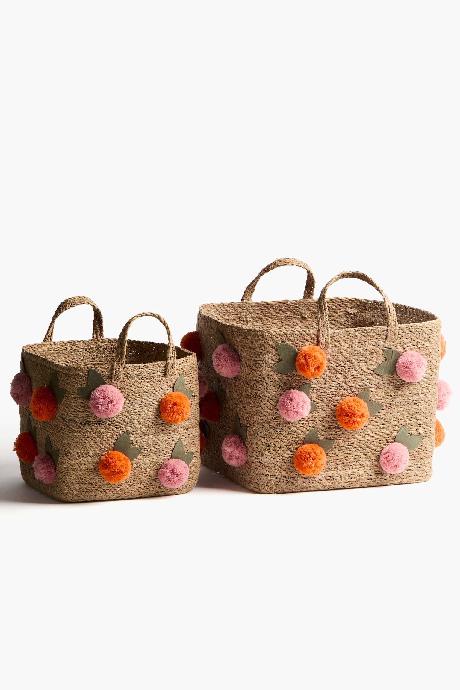 Cesto portaoggetti in seagrass con pon-pon - Beige/frutti - 4