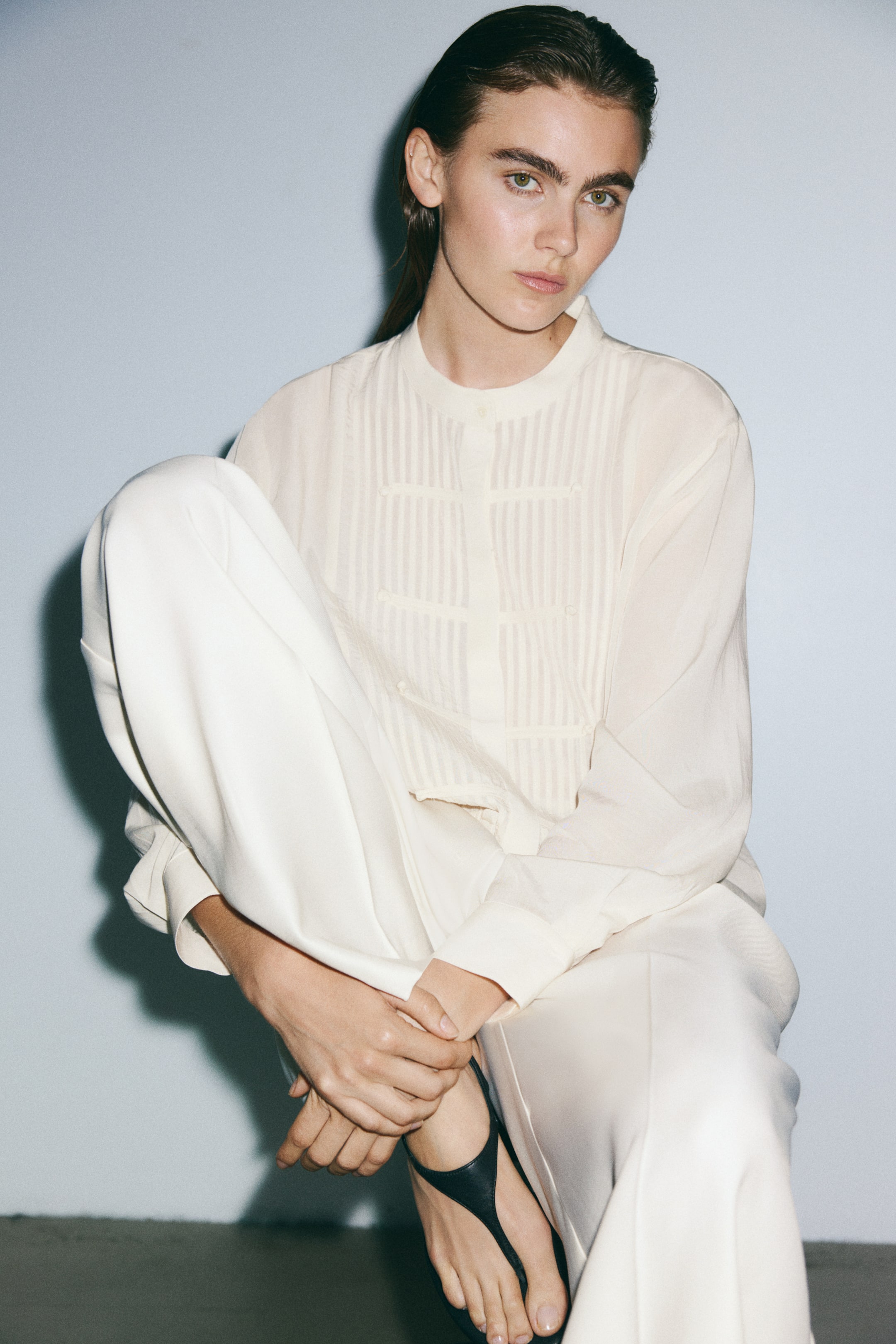 Button-Front Pintuck Blouse