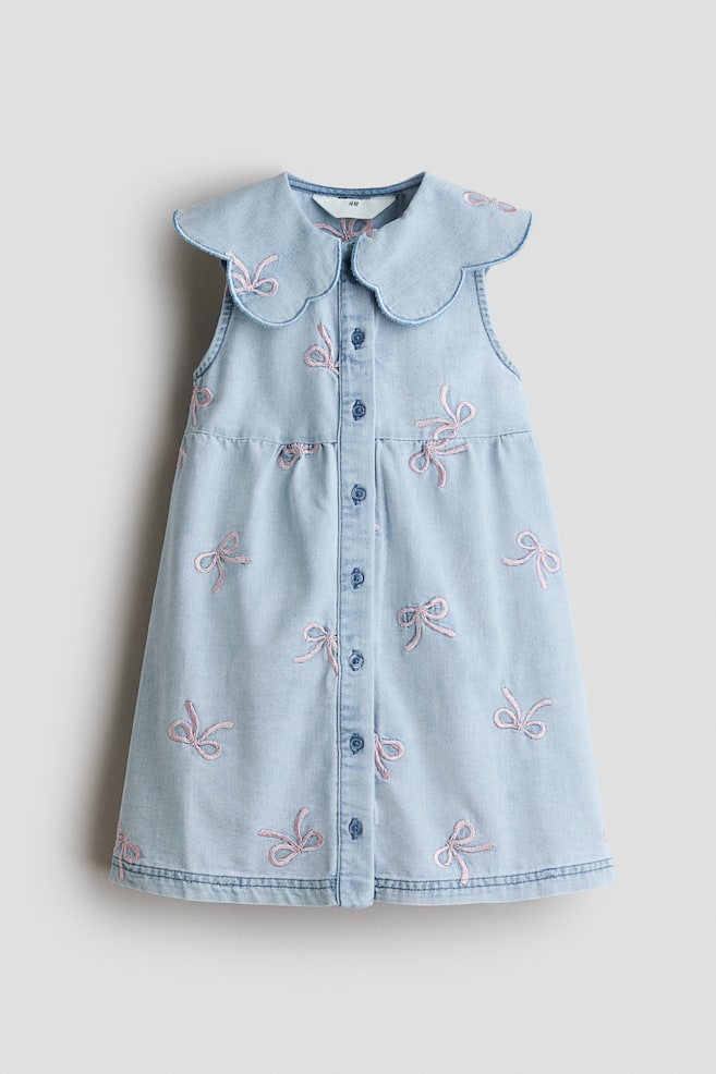 Denim Shirt Dress with Embroidery - Light denim blue/bows - 1