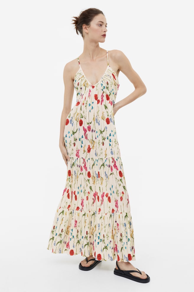 Pleated maxi dress - Cream/Floral/White/Red floral/Green - 1
