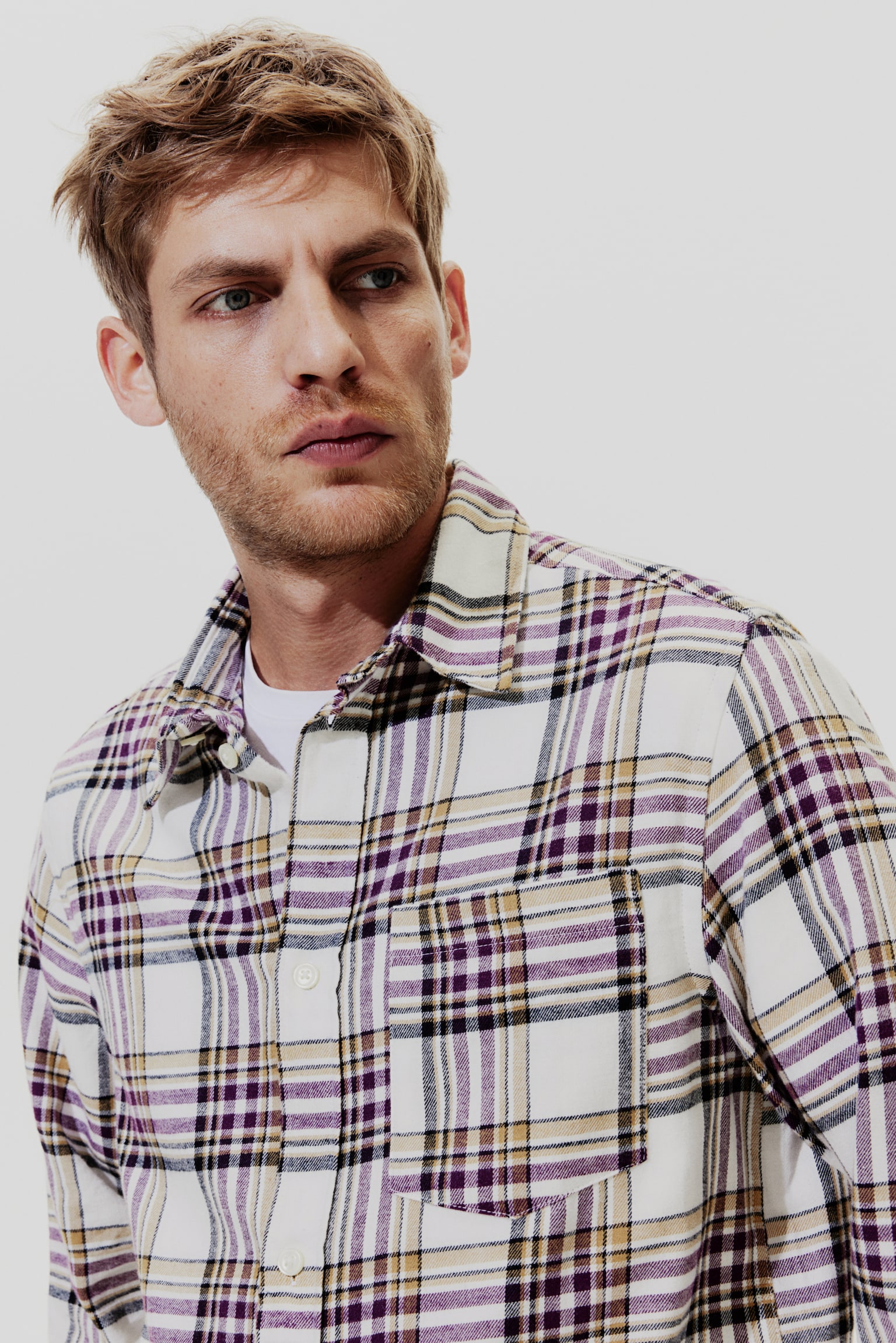 Regular Fit Flannel Shirt - White/Purple check/Brown/Check/Brown/Check - 6