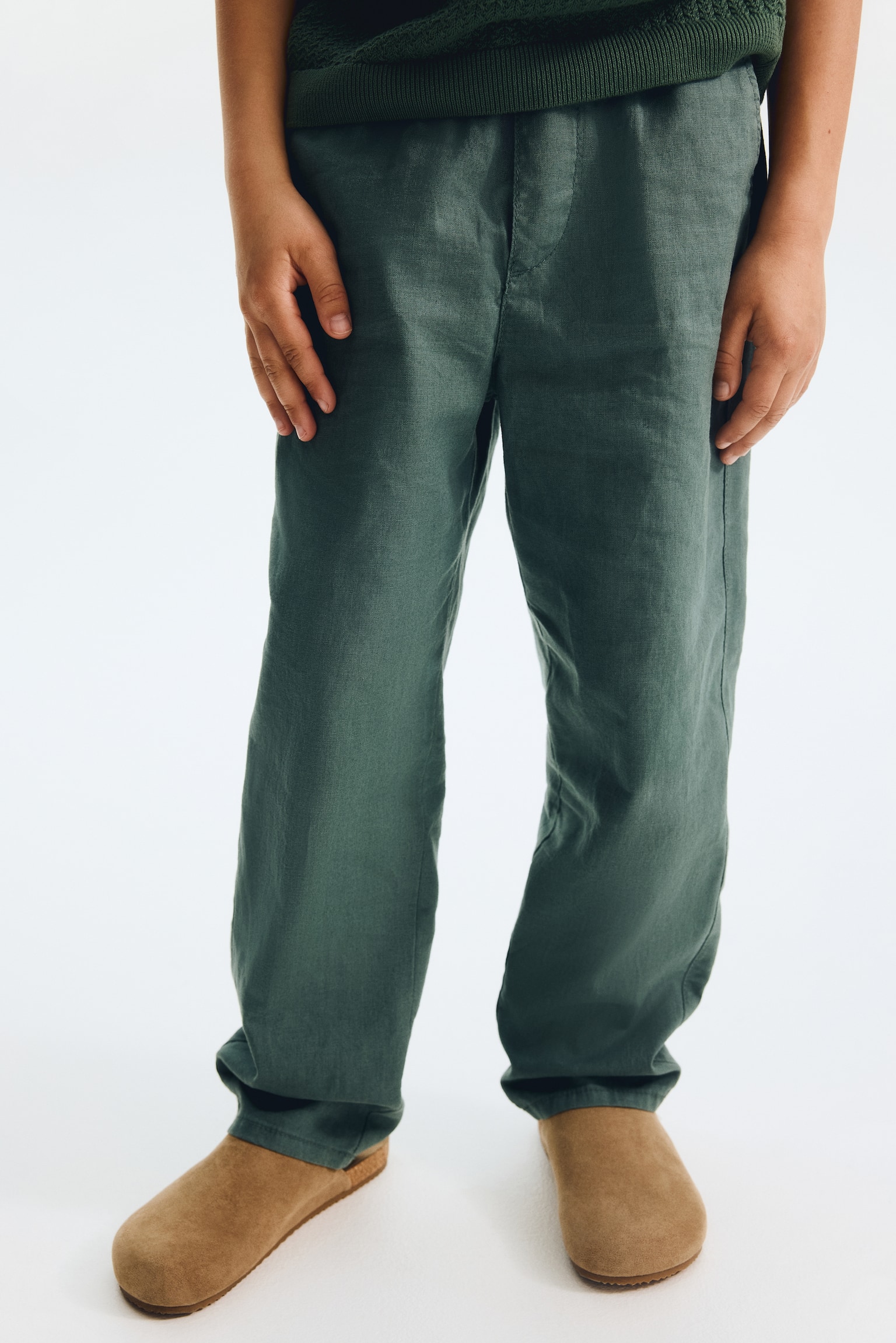 Детские брюки H&M Linen-Blend, цвет: Тёмный зелёный — фото 4