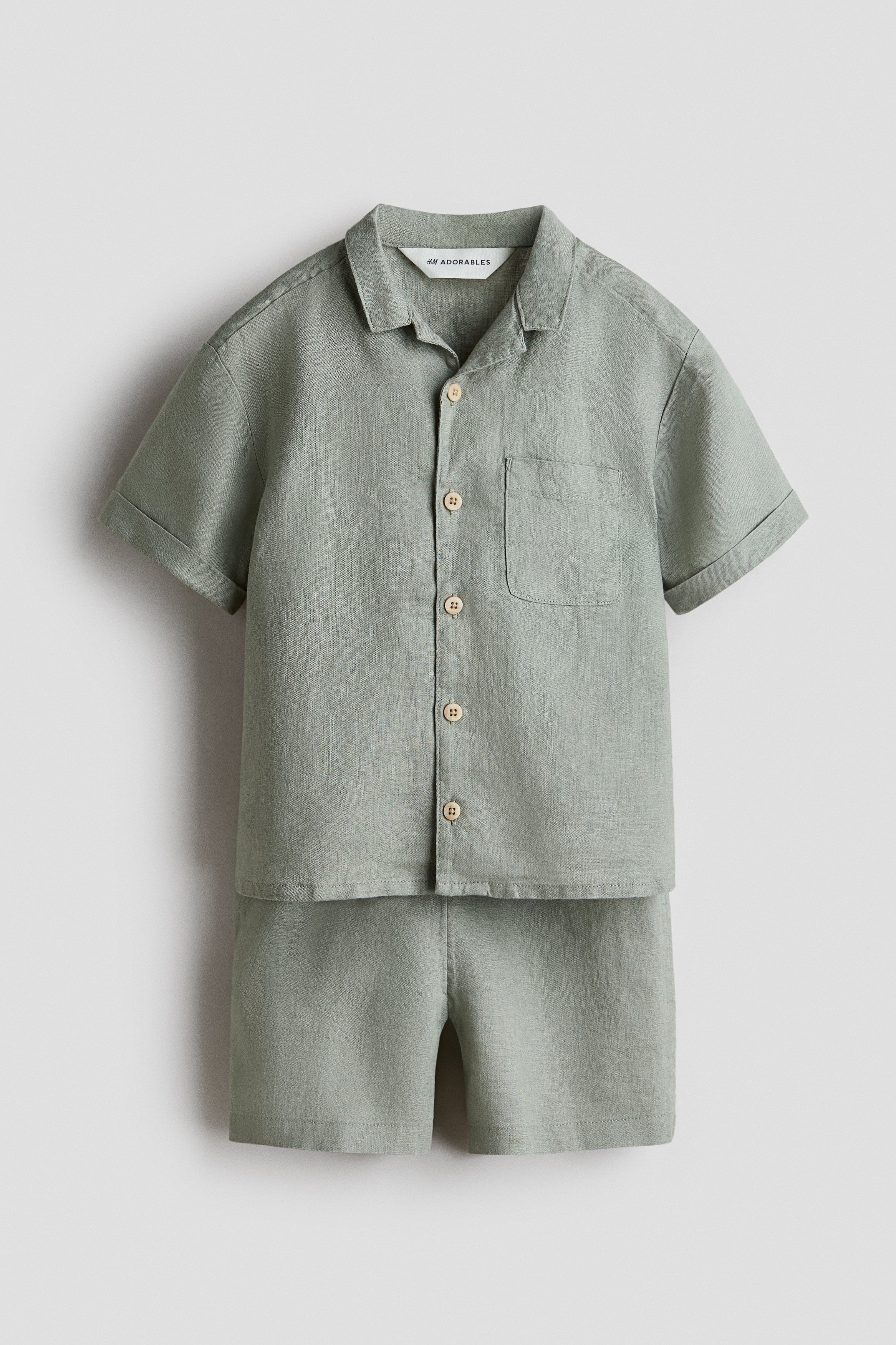 2-piece linen set - Khaki green/Brown/Light beige
