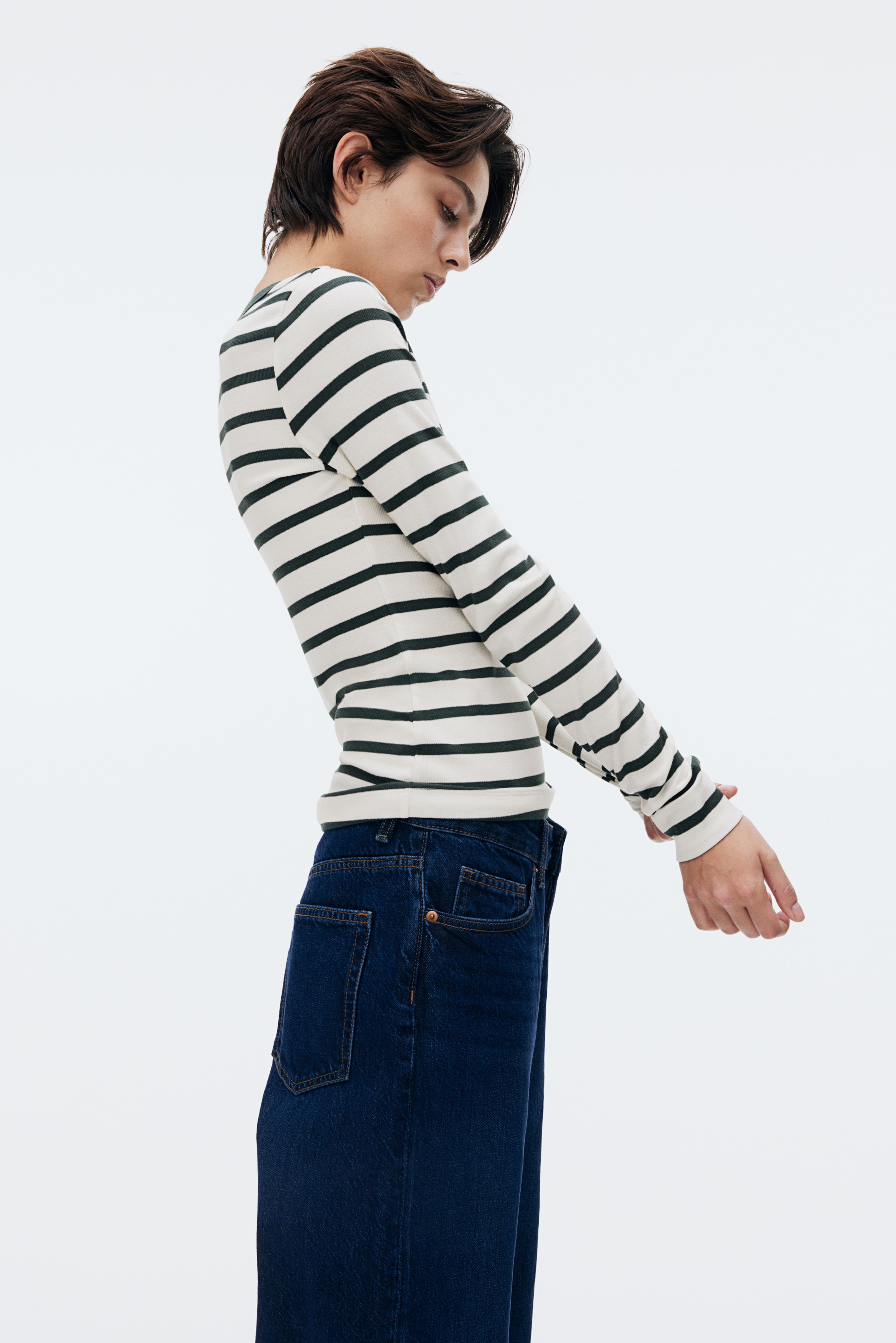 Ribbed Jersey Top - Dusty blue/striped - Ladies | H&M US