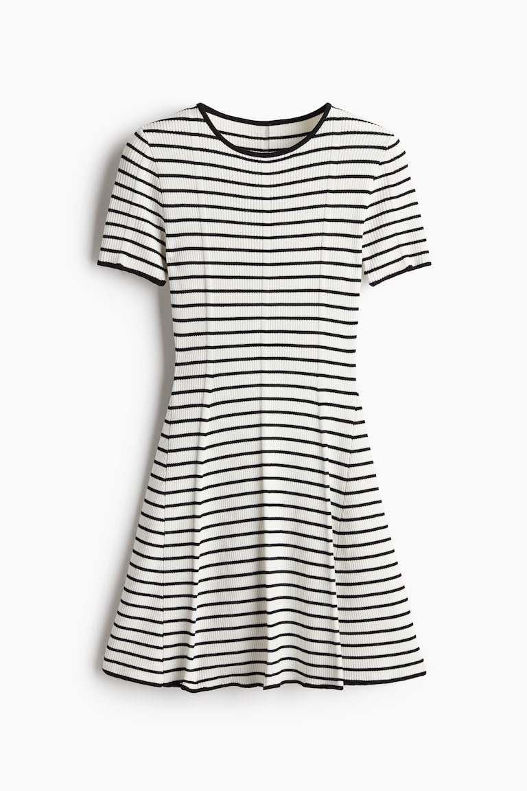 Rib-Knit Dress with Flared Skirt - Cream/striped Rib-Knit Dress with Flared Skirt - Cream/striped