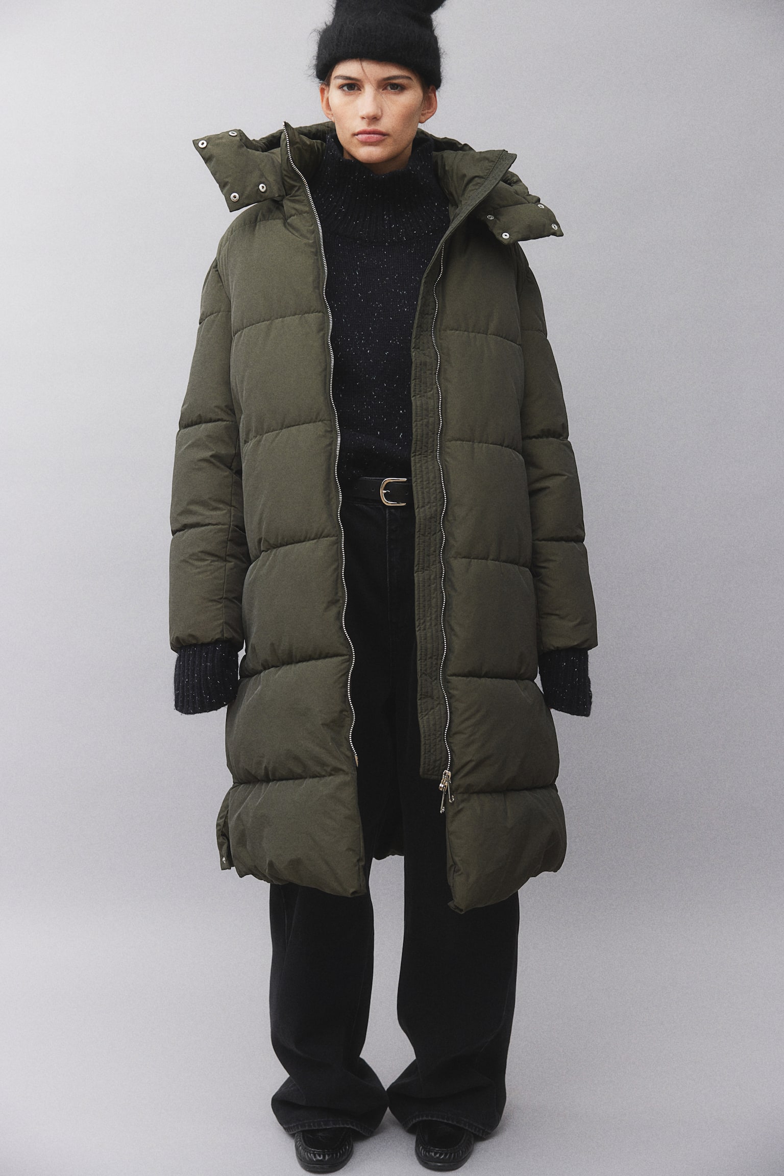 Water-repellent puffer coat - Dark khaki green/Black/Beige - 1